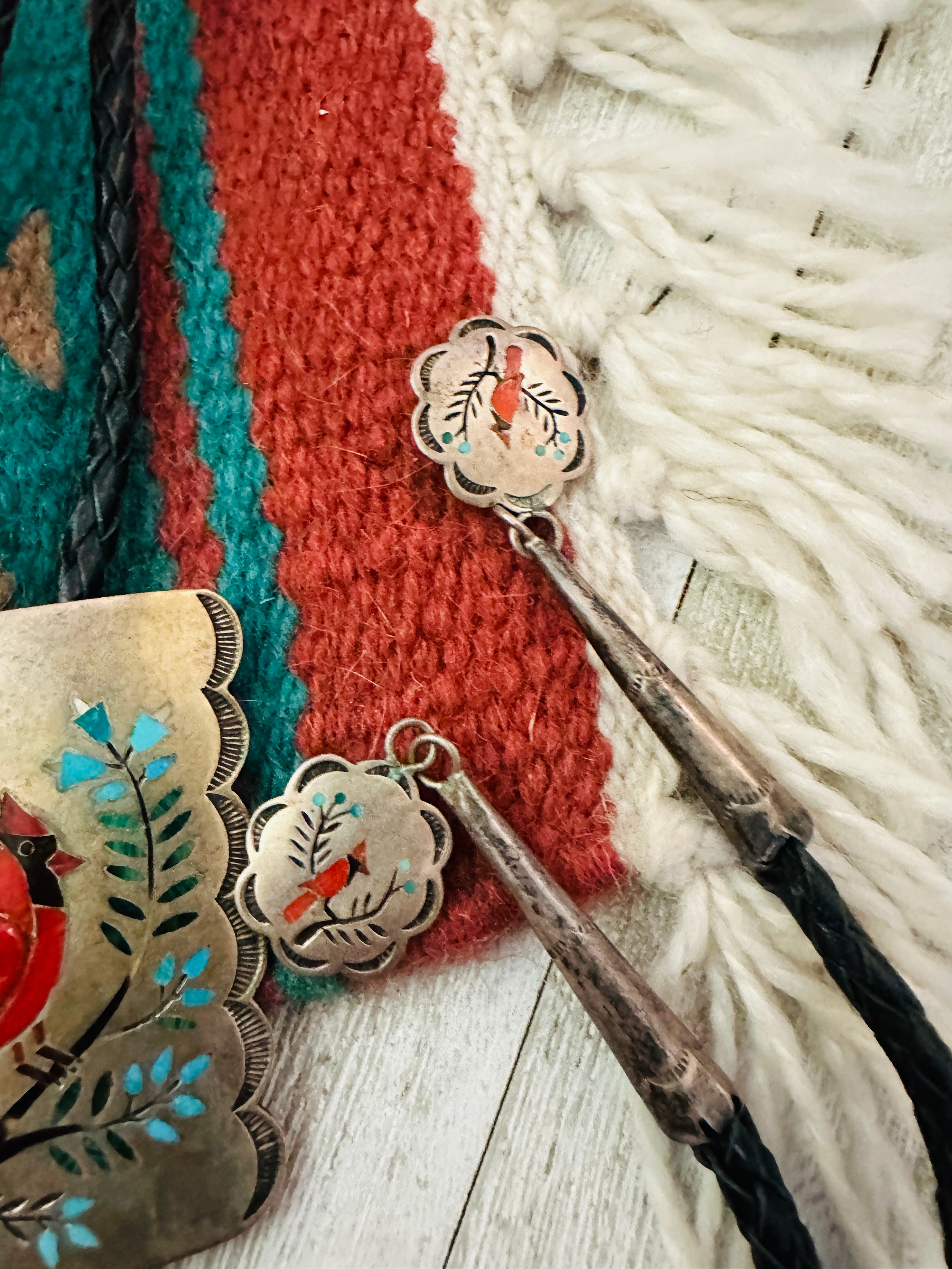 Handcrafted Vintage Old Pawn Sterling Silver & Multi Stone Inlay Cardinal Bolo Tie