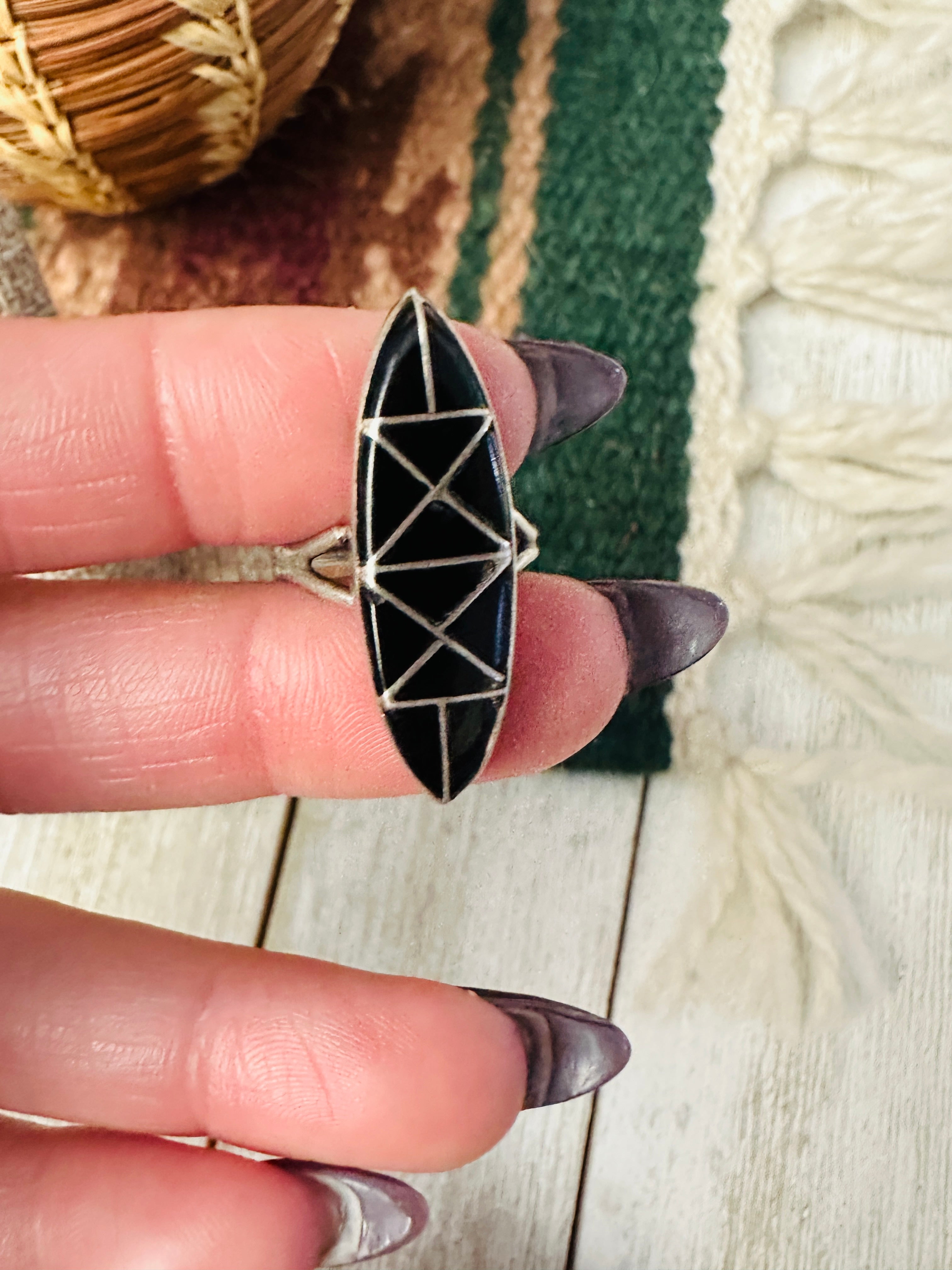 Old Pawn Handcrafted Onyx & Sterling Silver Inlay Ring Size 5