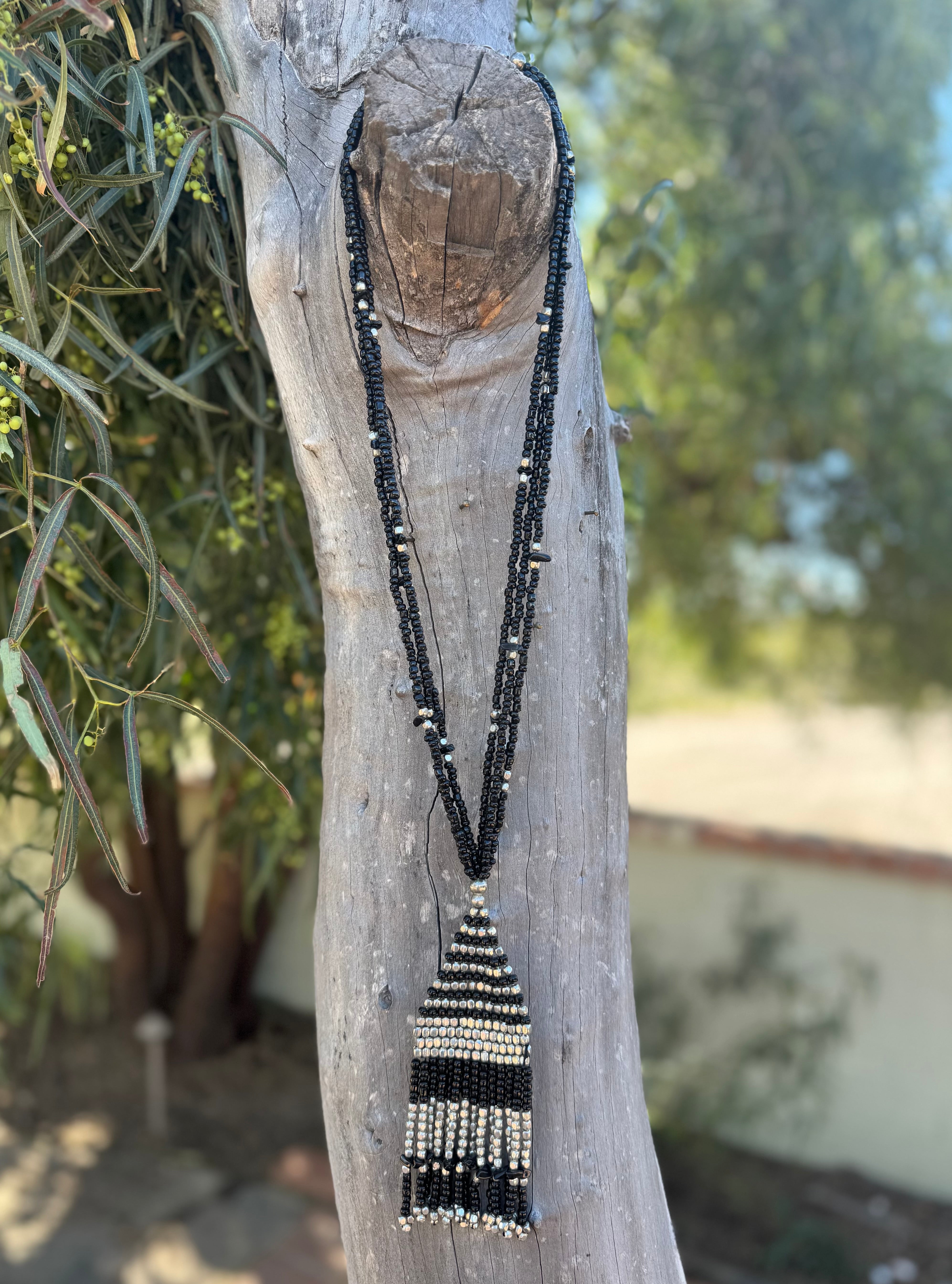 Black & Silver Multi-Strand Beaded Tassel Necklace