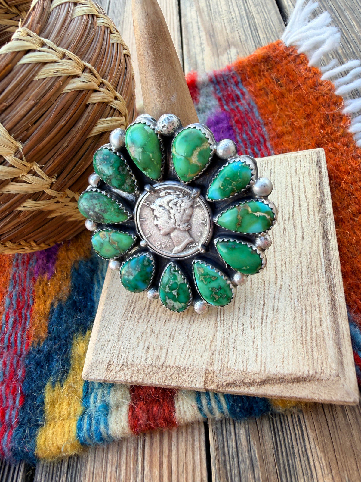 Handcrafted Sonoran Mountain Turquoise & Sterling Silver Liberty Dime Adjustable Ring by Michael Thomas Jr.