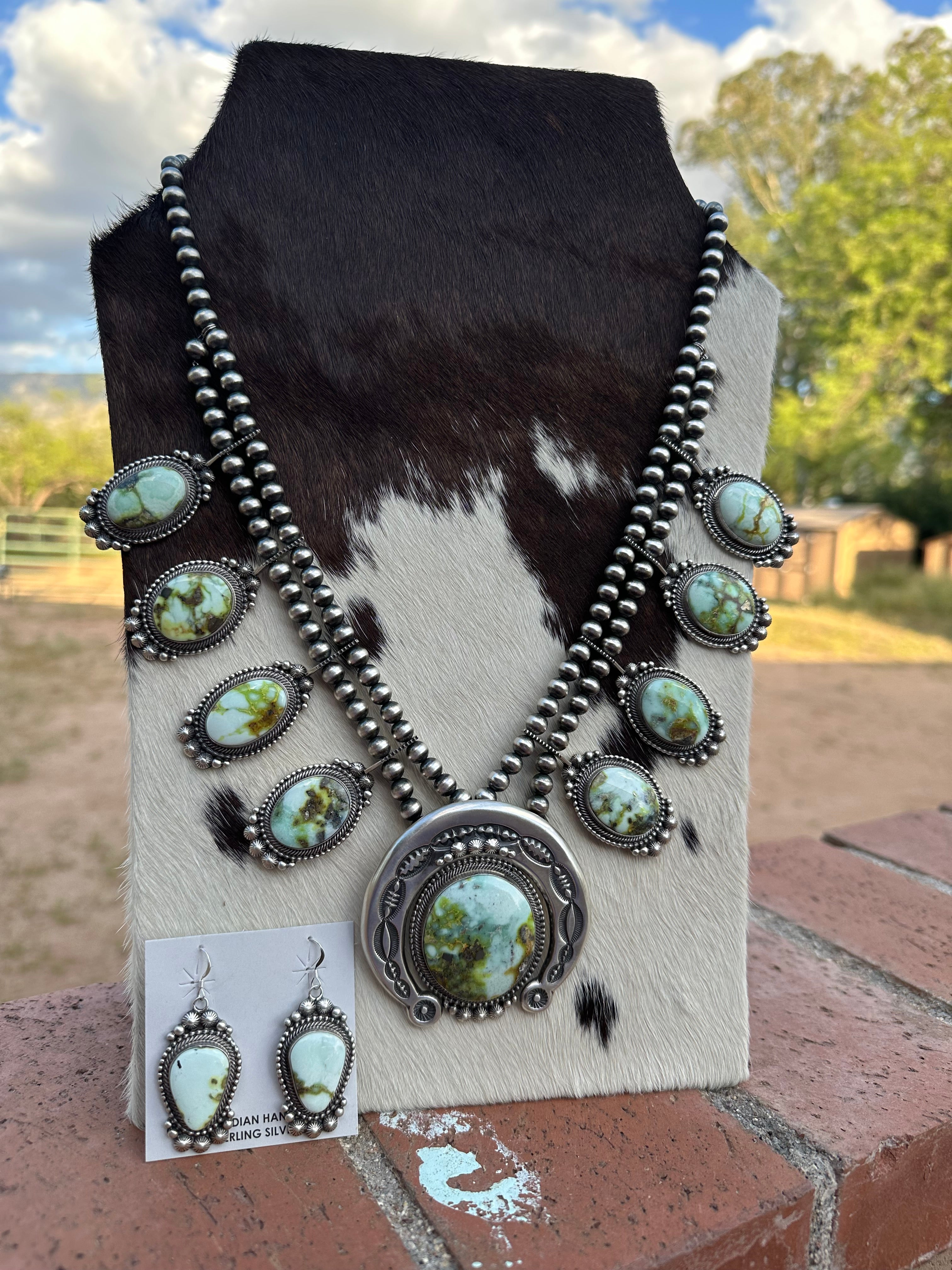 Handcrafted Sterling Silver & Palomino Turquoise Squash Blossom Necklace and Earring Set