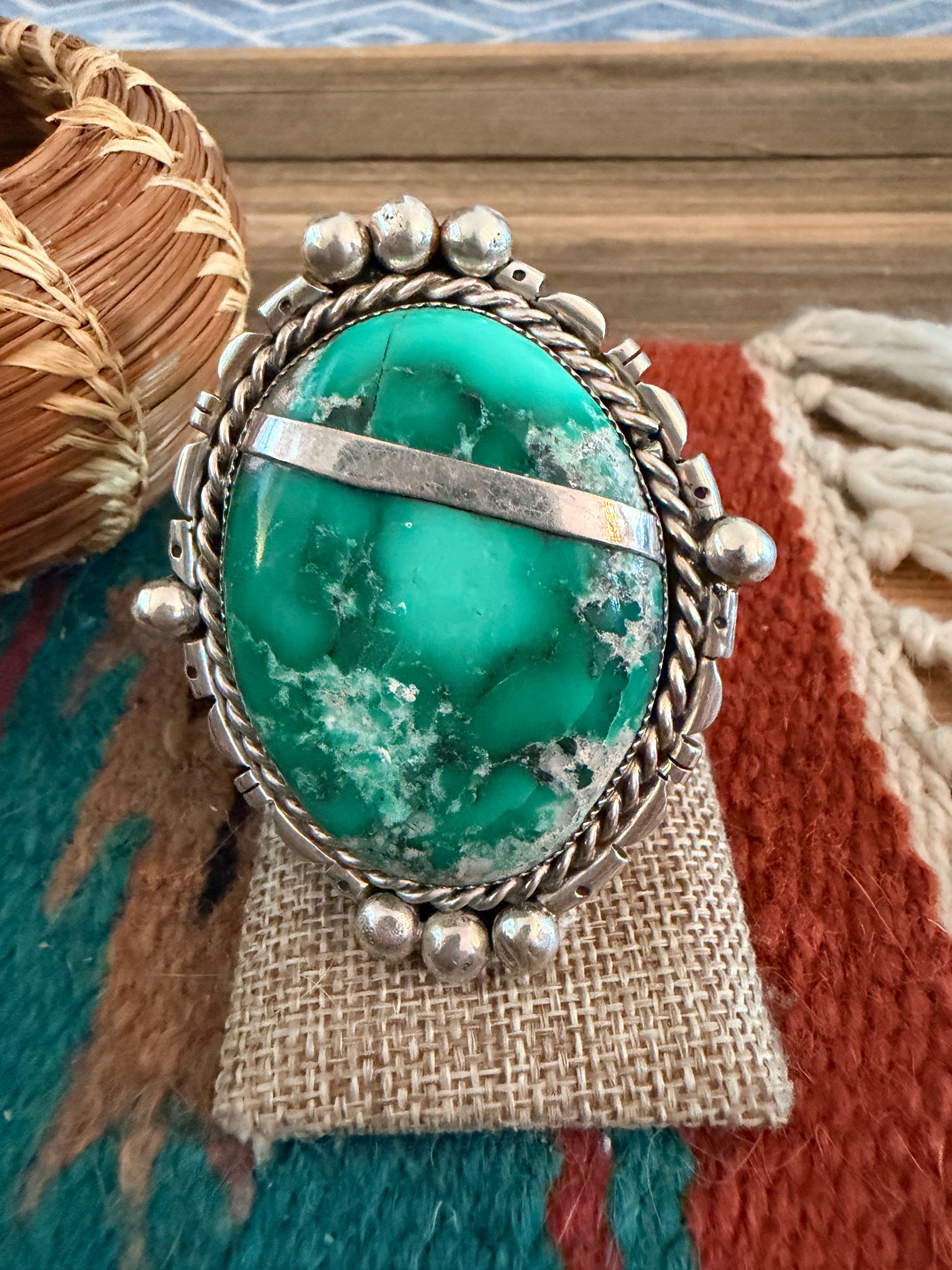 Old Pawn Handcrafted Variscite & Sterling Silver Ring Size 9