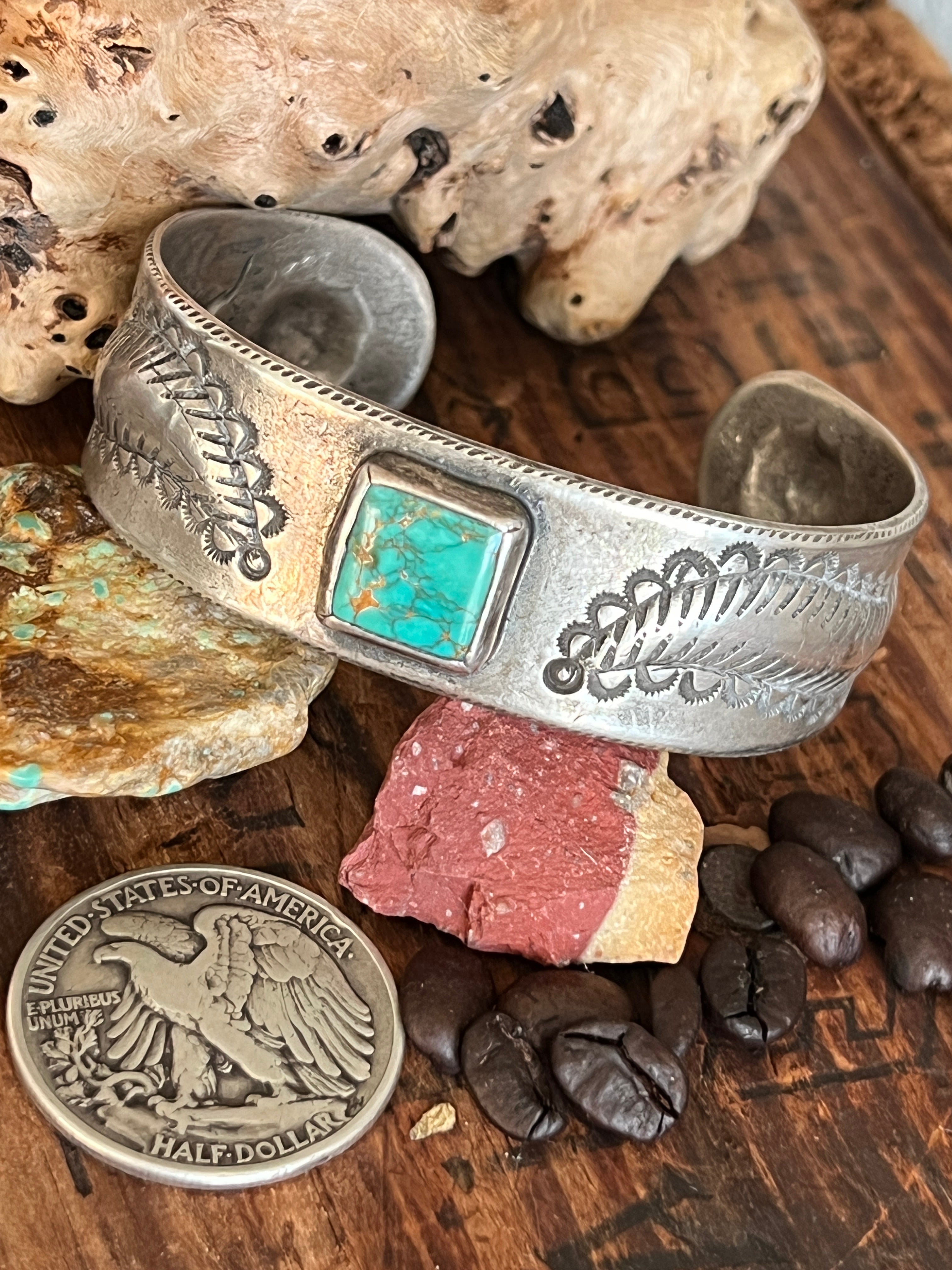 Hand Forged Old Pawn Sterling Silver & Turquoise Ingot Cuff Bracelet by Santa Fe Artist, Buffalo, The Zephyr