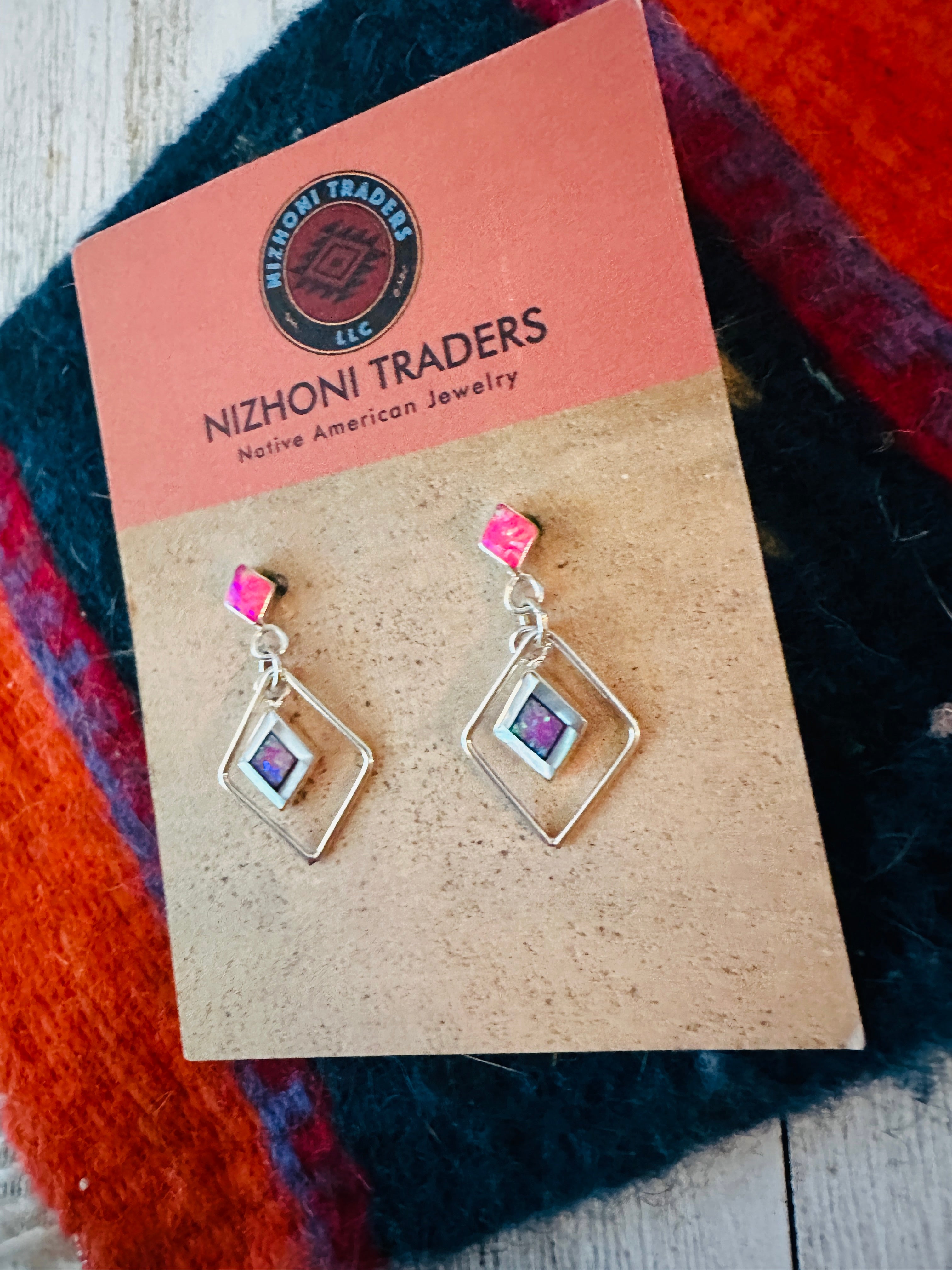 Zuni Sterling Silver & Pink Opal Diamond Dangle Earrings