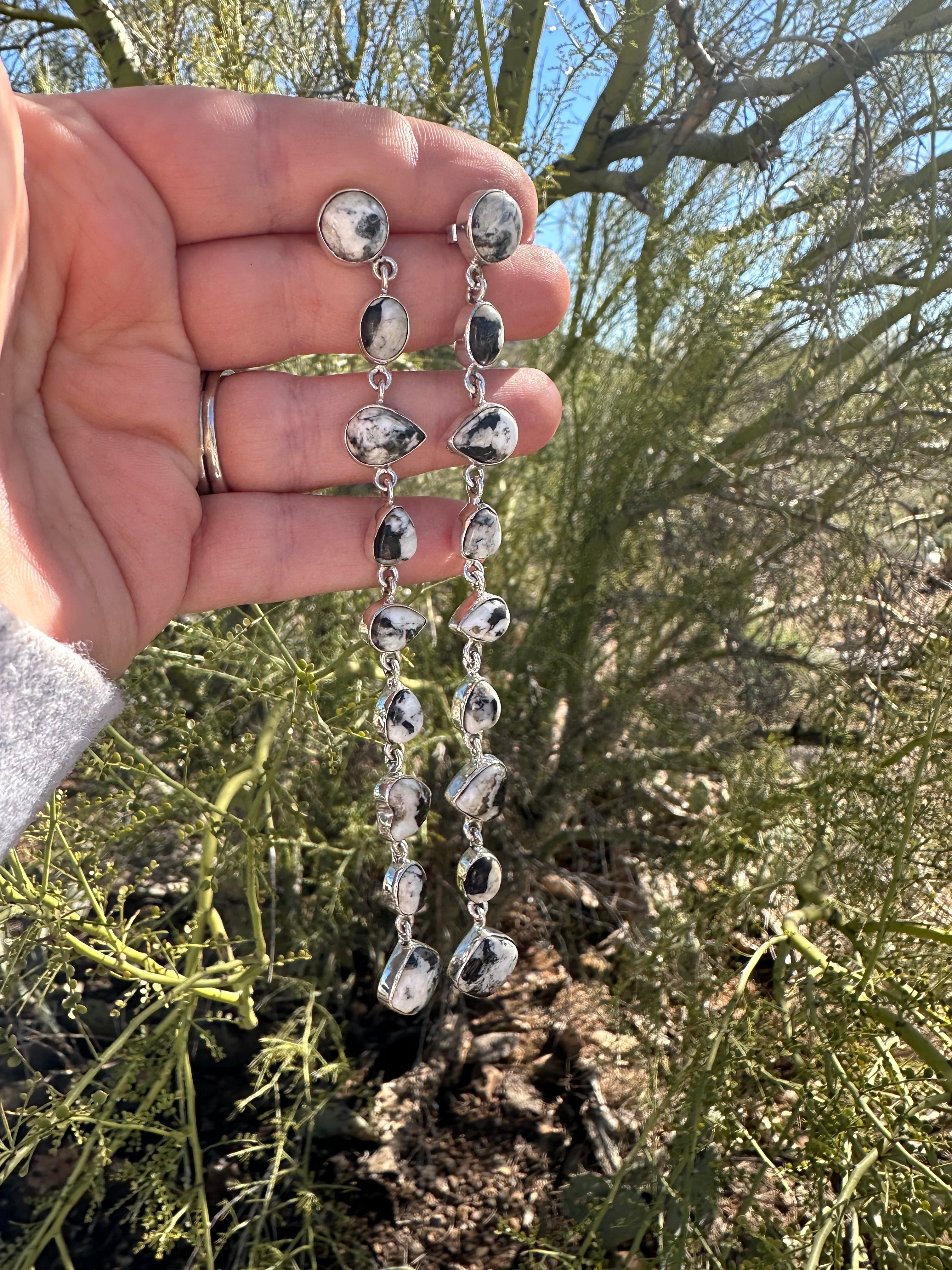 Handmade Honky Tonk White Buffalo and Sterling Silver Dangle Earrings