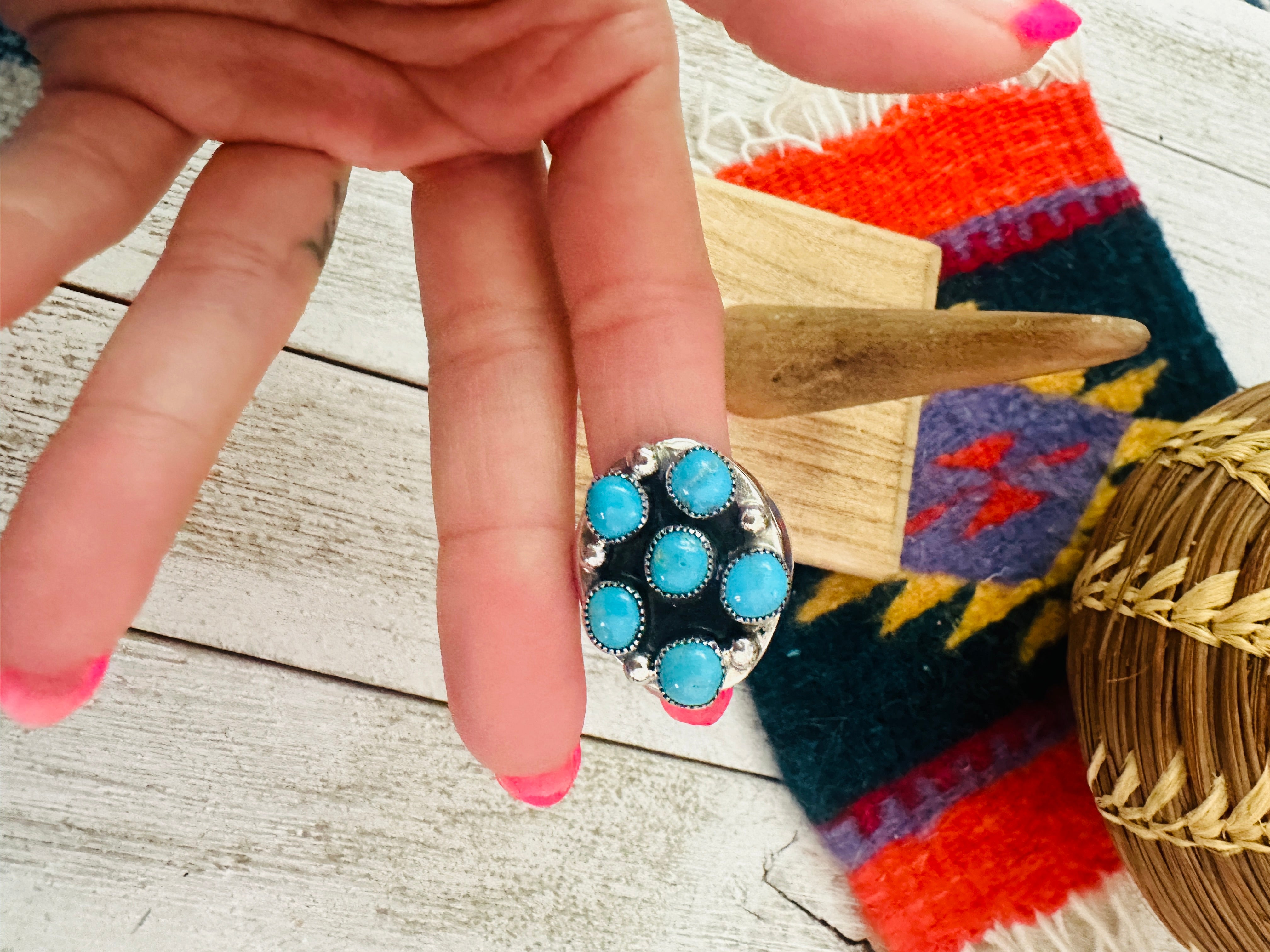 Navajo Turquoise & Sterling Silver Cluster Cigar Band Ring