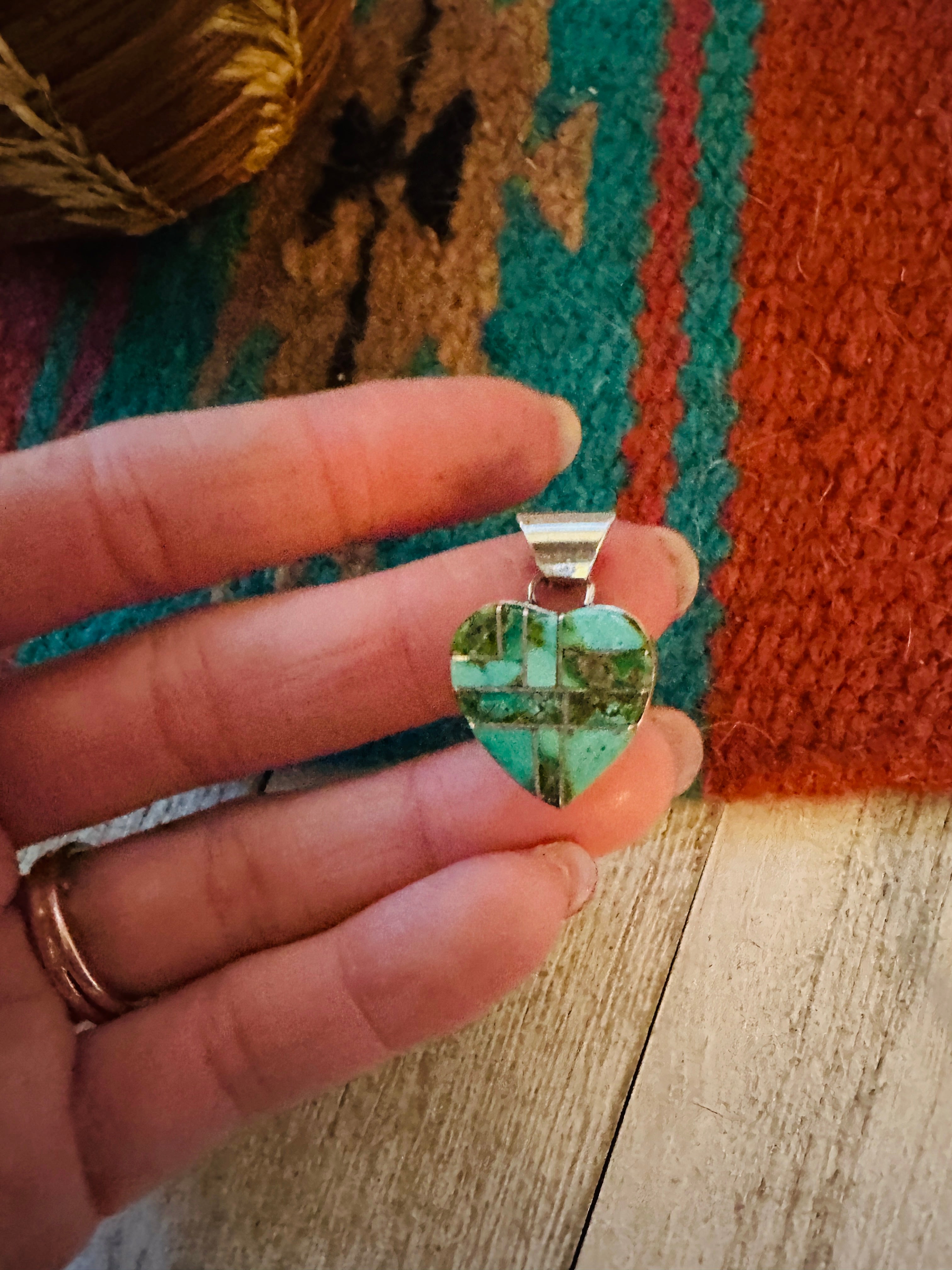 Navajo Turquoise & Sterling Silver Inlay Heart Pendant