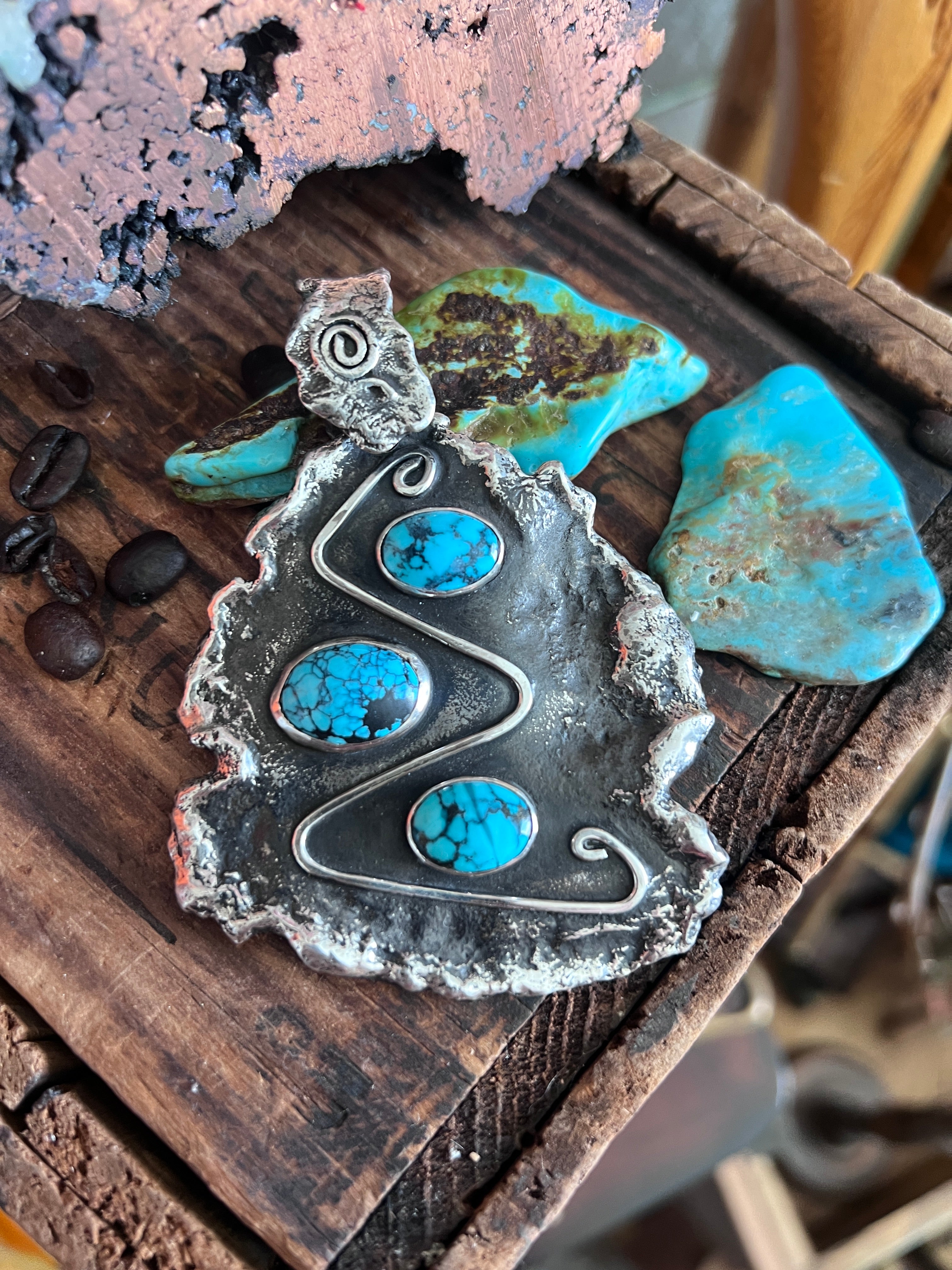 Vintage Artisan Sterling Silver and Turquoise Brutalist Style Pendant Signed Sandee Kelly