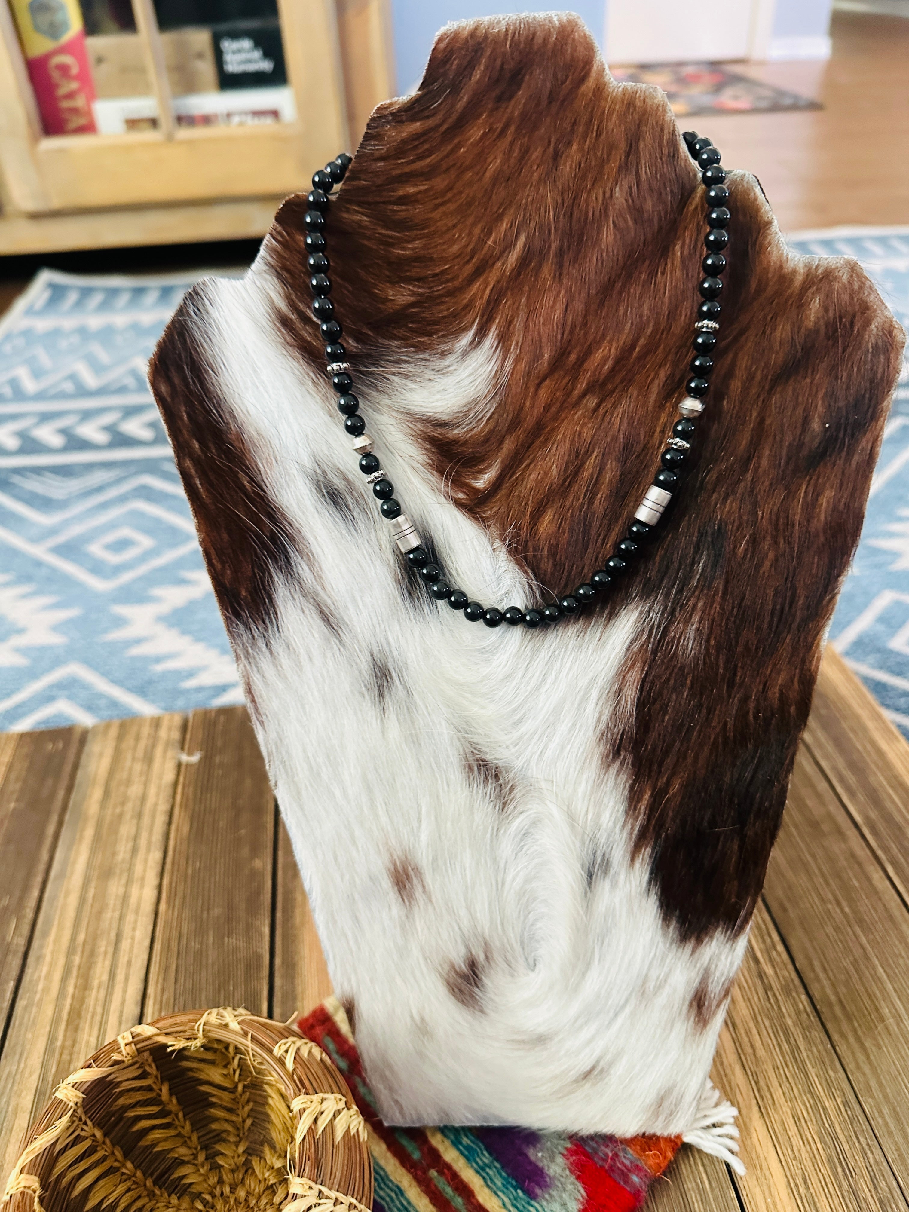 Handcrafted Black Onyx & Sterling Silver Beaded 16” Necklace by T & R Singer