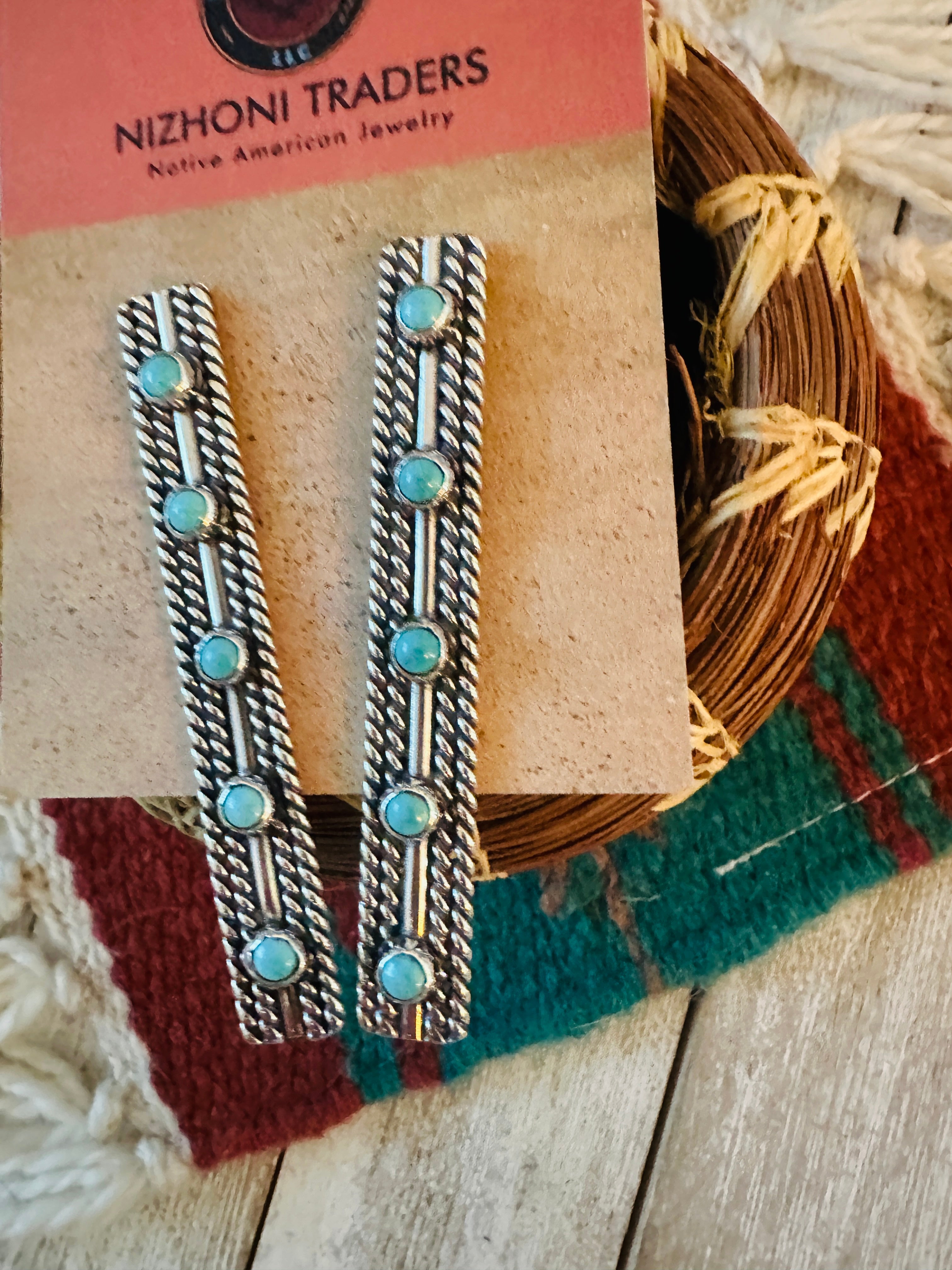 Handcrafted Sterling Silver & Turquoise Five Stone Drop Dangle Earrings