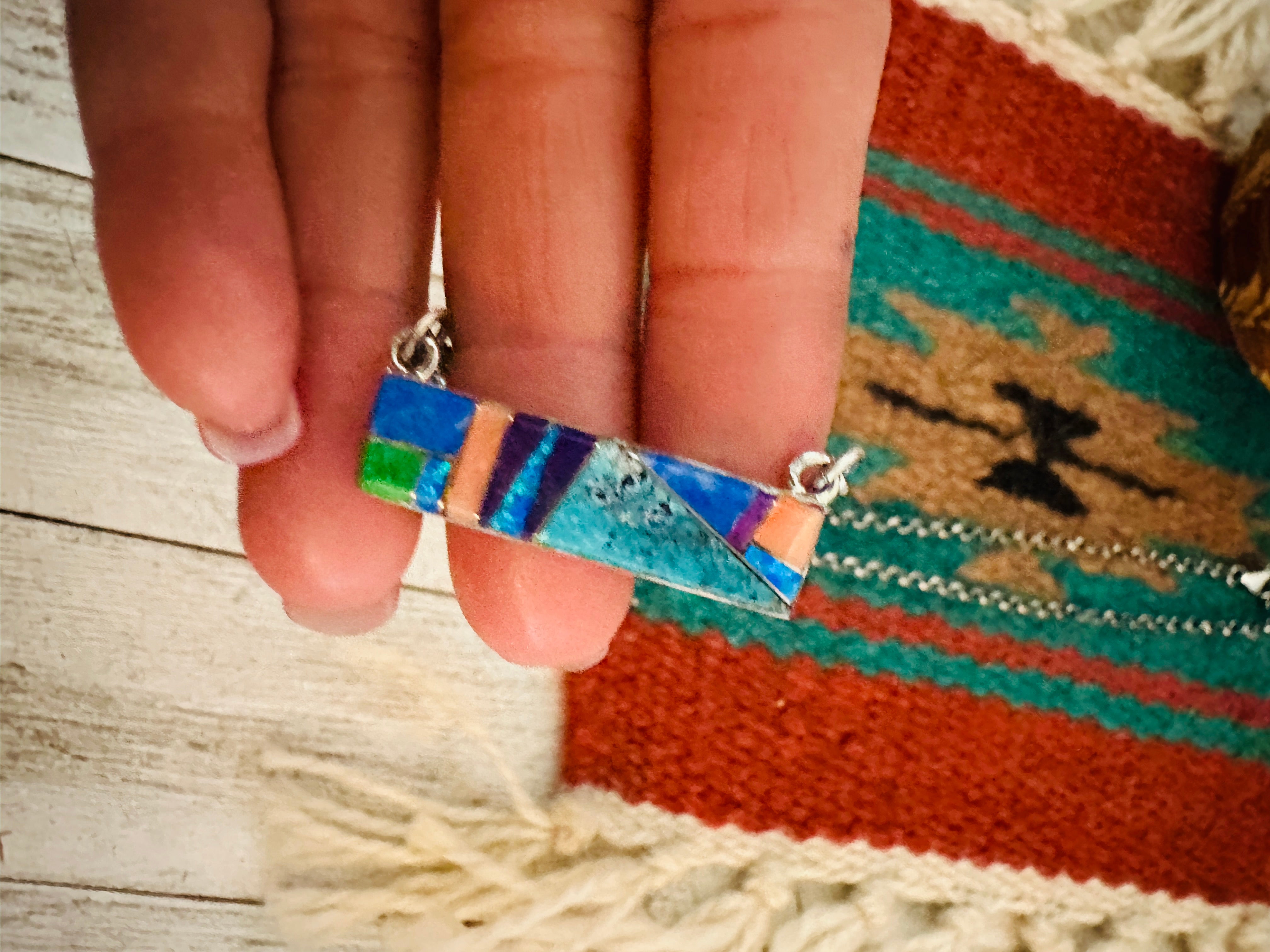 Navajo Multi Stone & Sterling Silver Inlay Bar Necklace