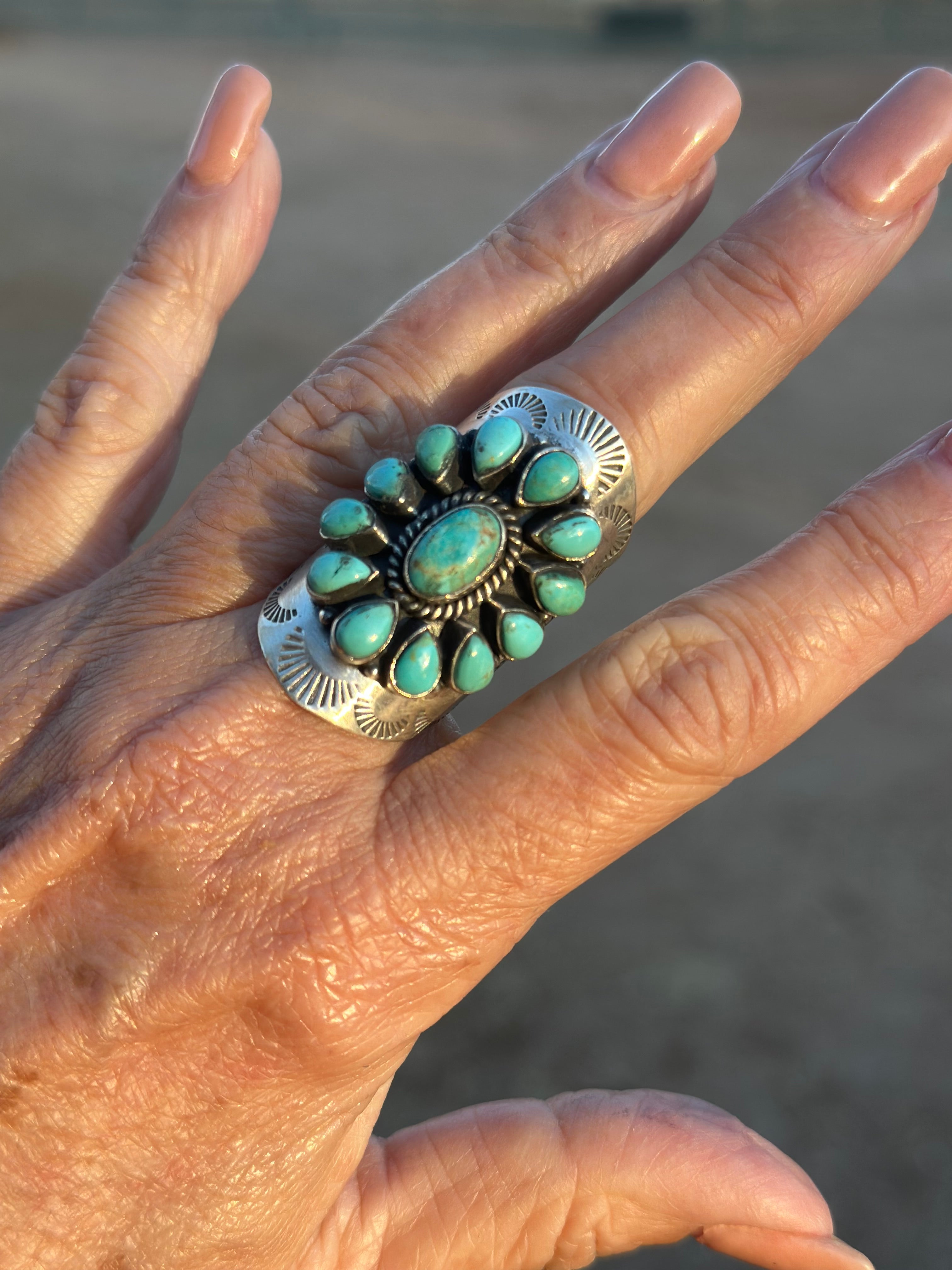 Handmade Emerald Valley Turquoise Cluster & Sterling Silver Cigar Band adjustable Ring