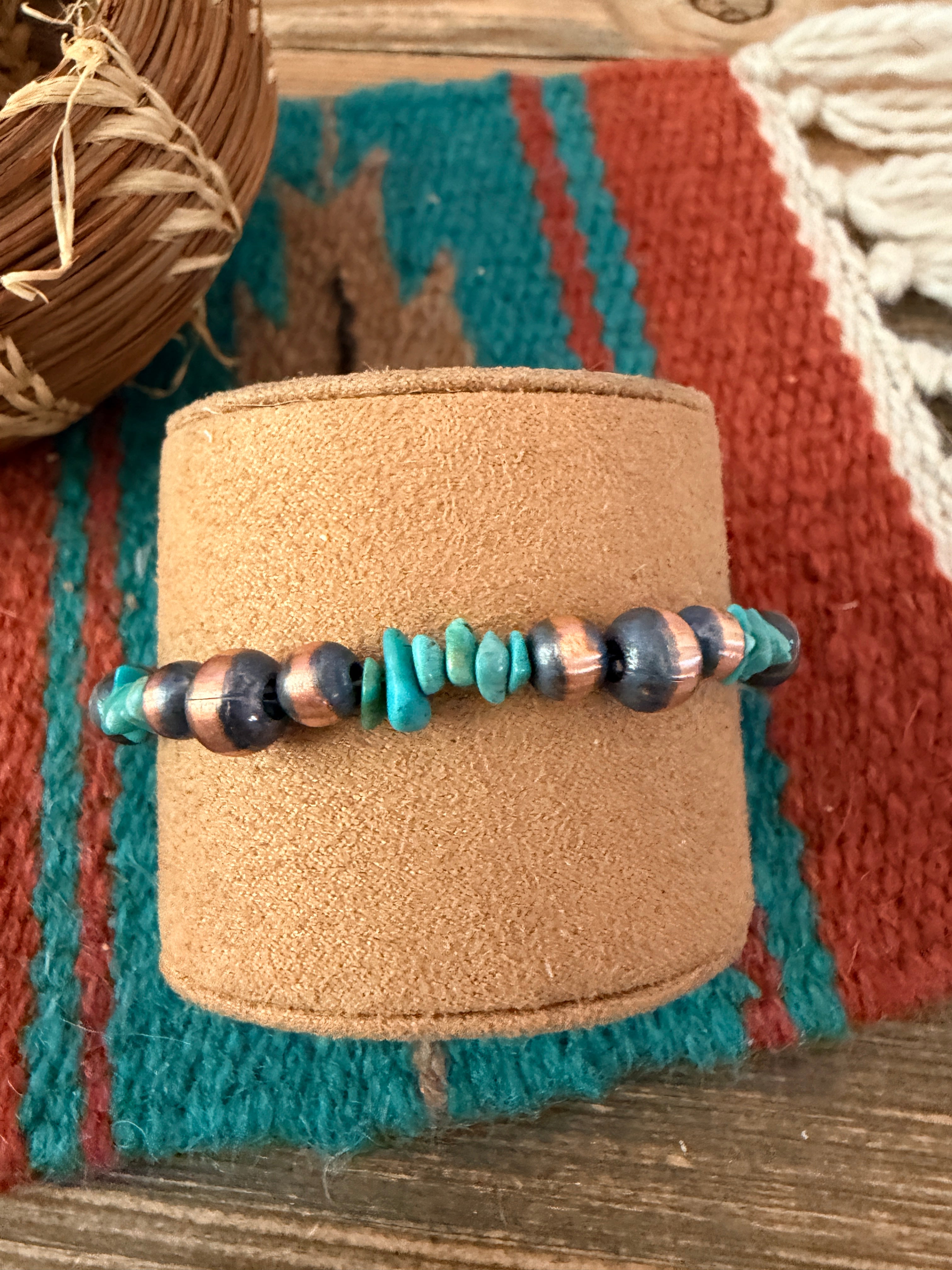 Handcrafted Turquoise & Copper Beaded Bracelet 7.5”