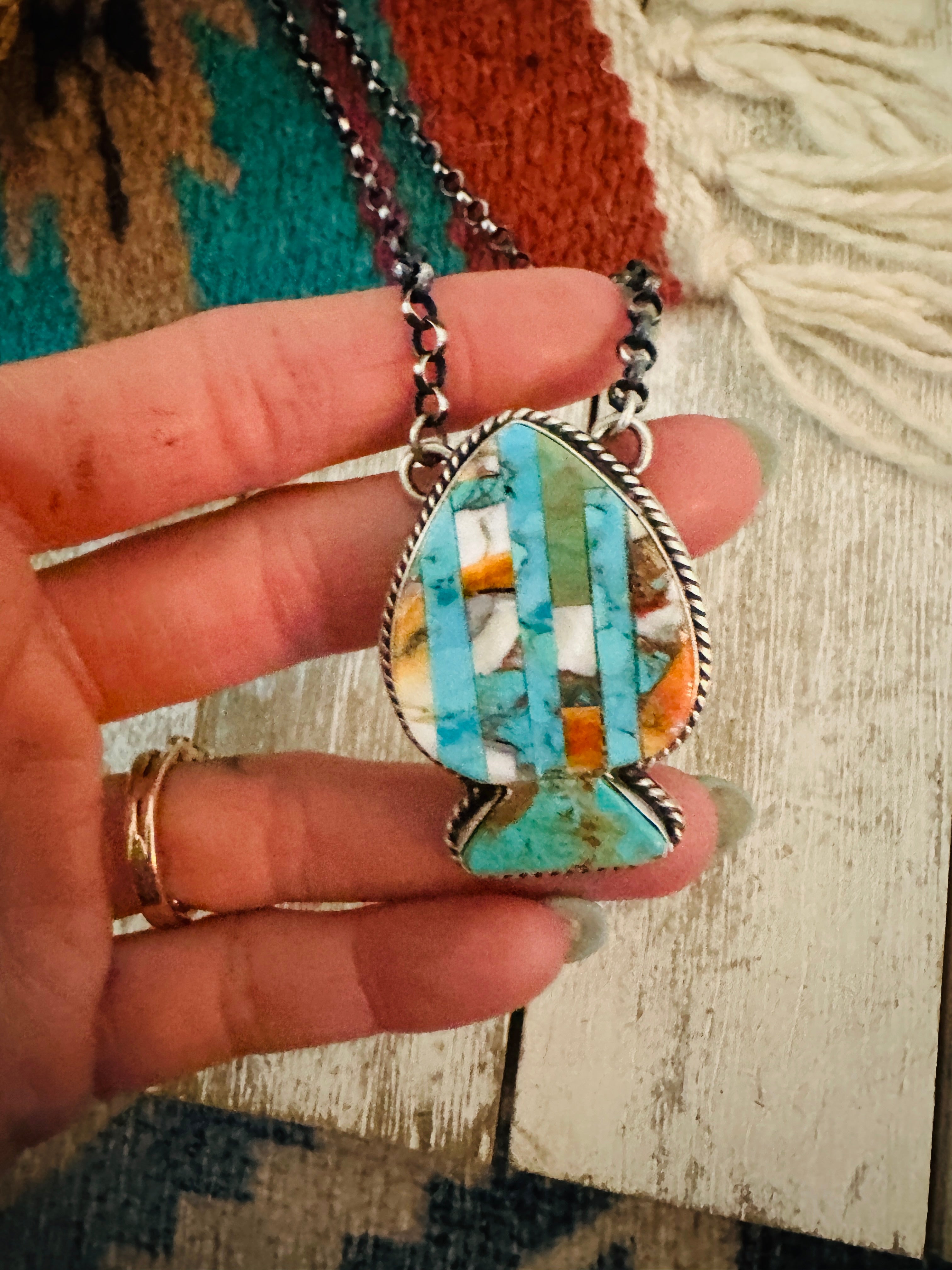 Navajo Sterling Silver & Multi Stone Inlay Spade Necklace