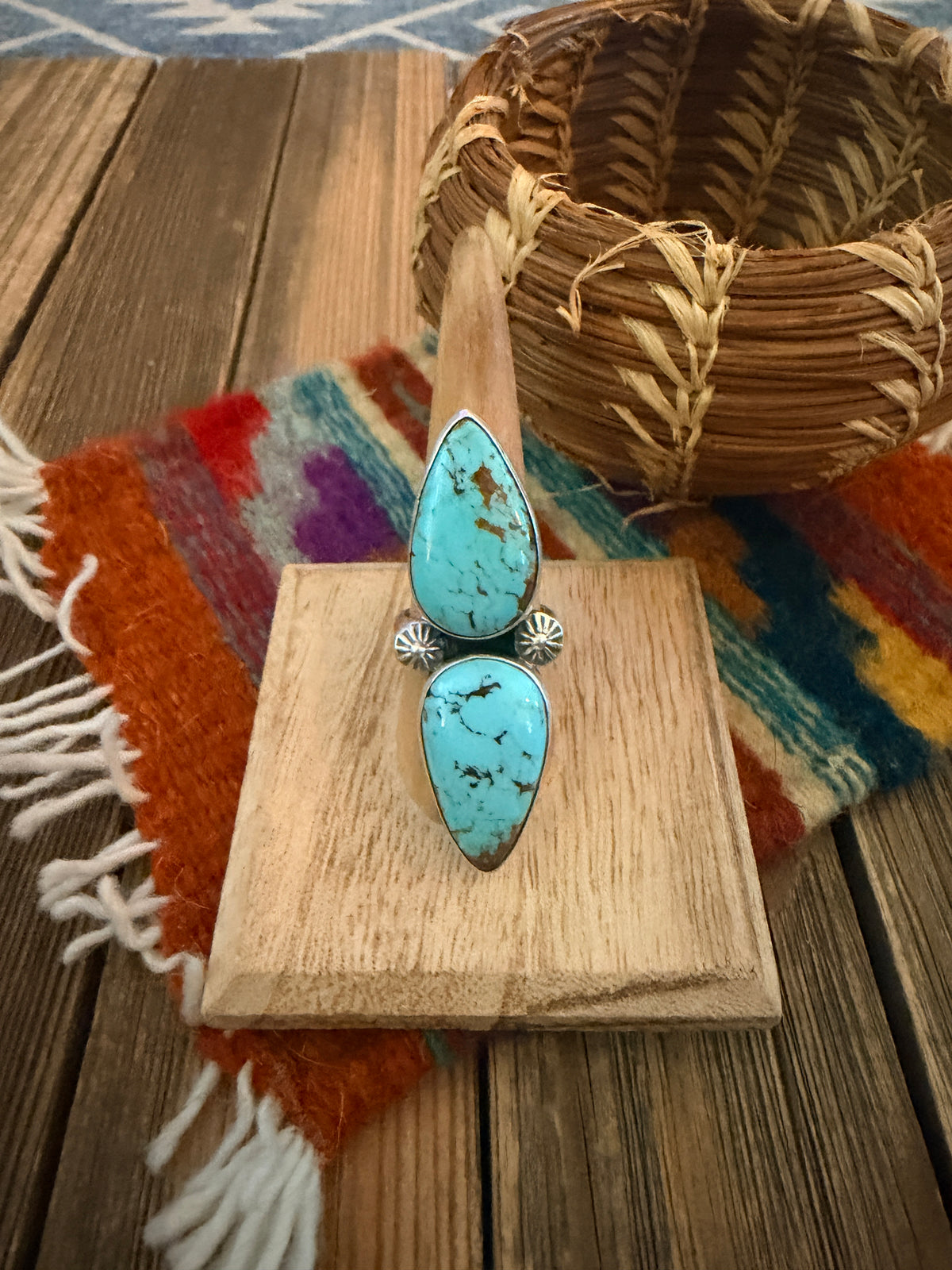 Handcrafted Number 8 Turquoise & Sterling Silver Cluster Adjustable Ring