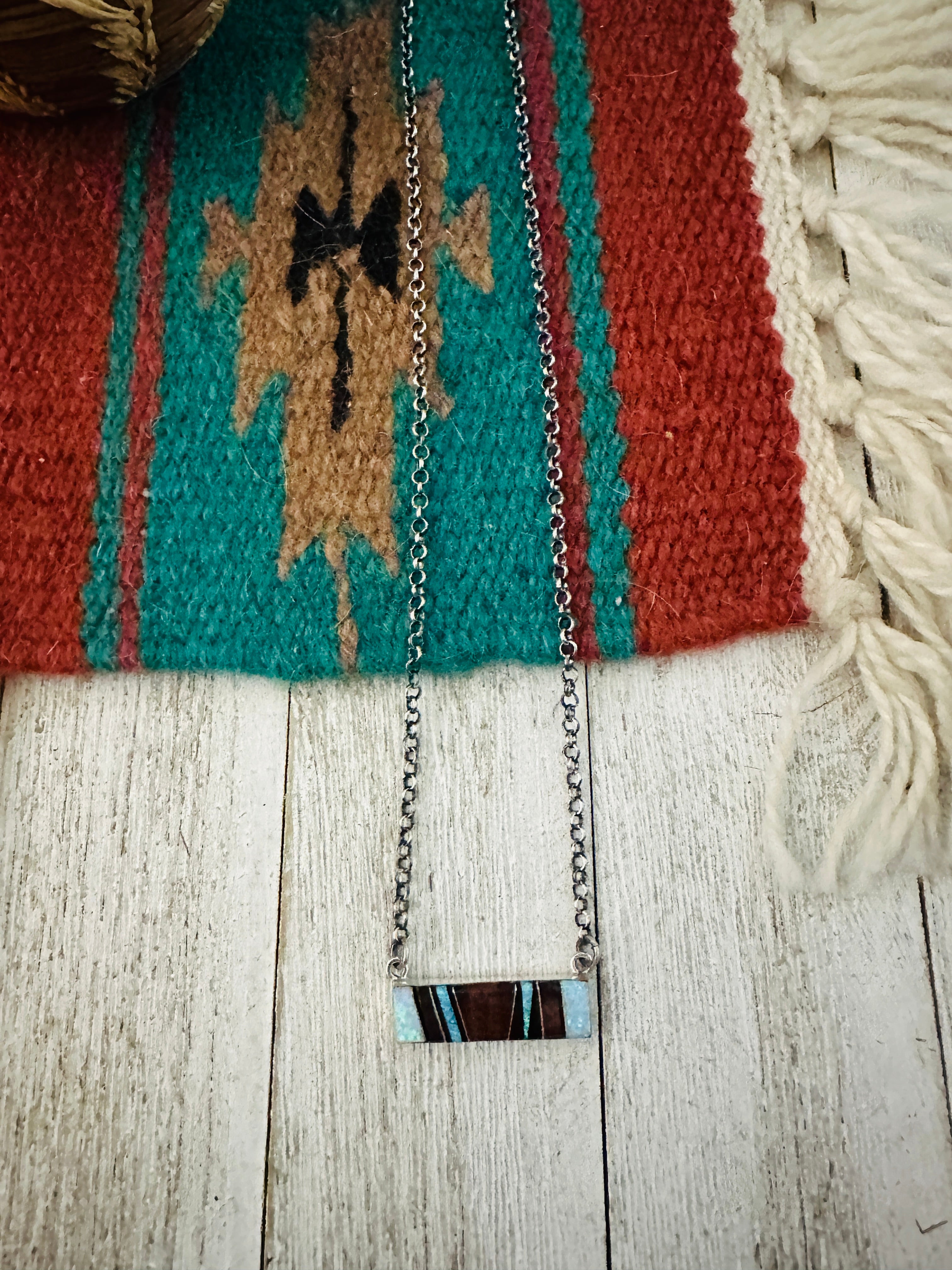 Navajo Multi Stone & Sterling Silver Inlay Bar Necklace