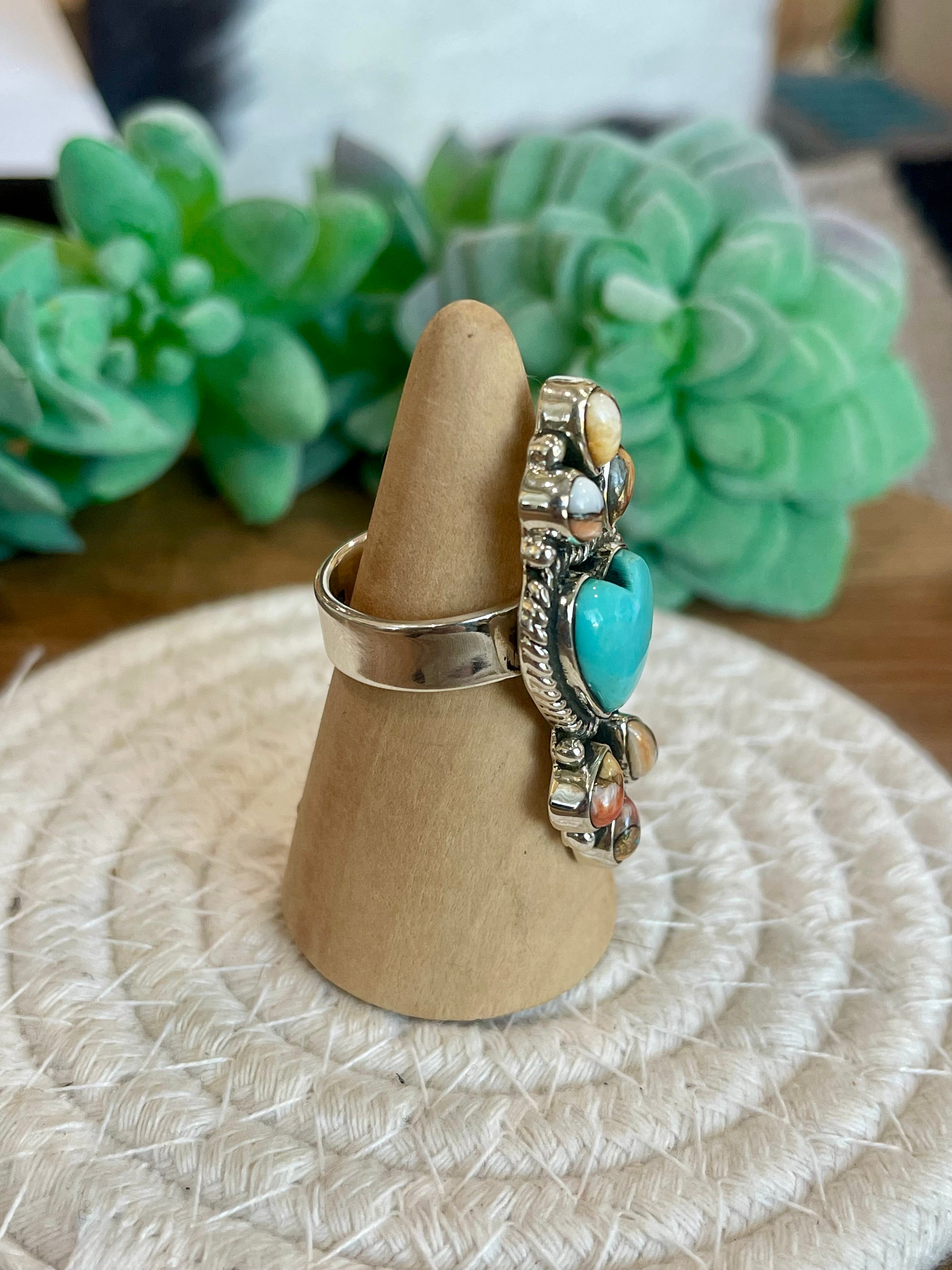 Beautiful Handmade Turquoise, Spice And Sterling Silver Adjustable Ring