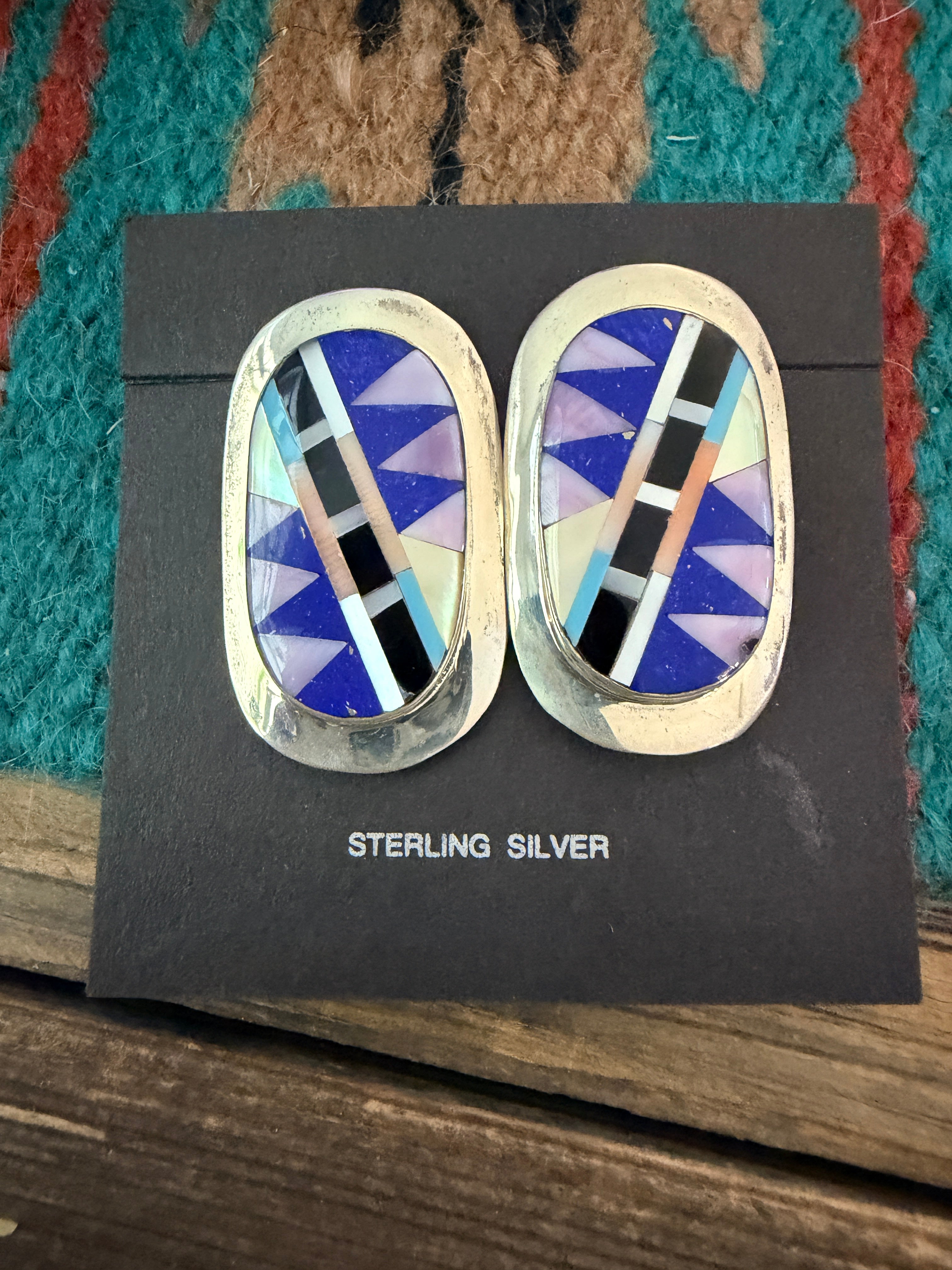 Old Pawn Handcrafted Sterling Silver & Multi Stone Inlay Post Earrings