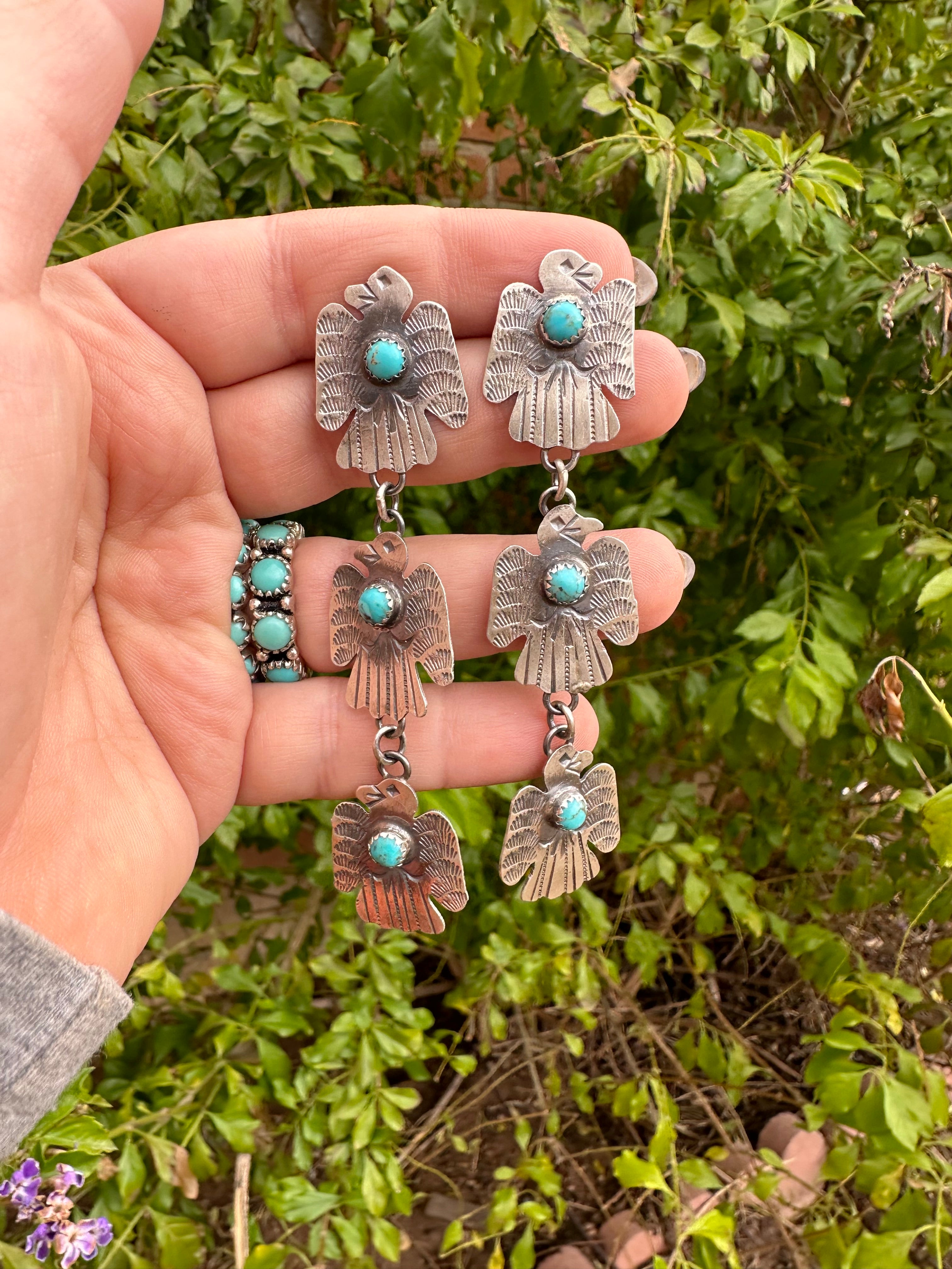 Navajo Sterling Silver & Turquoise Thunderbird Dangle Earrings