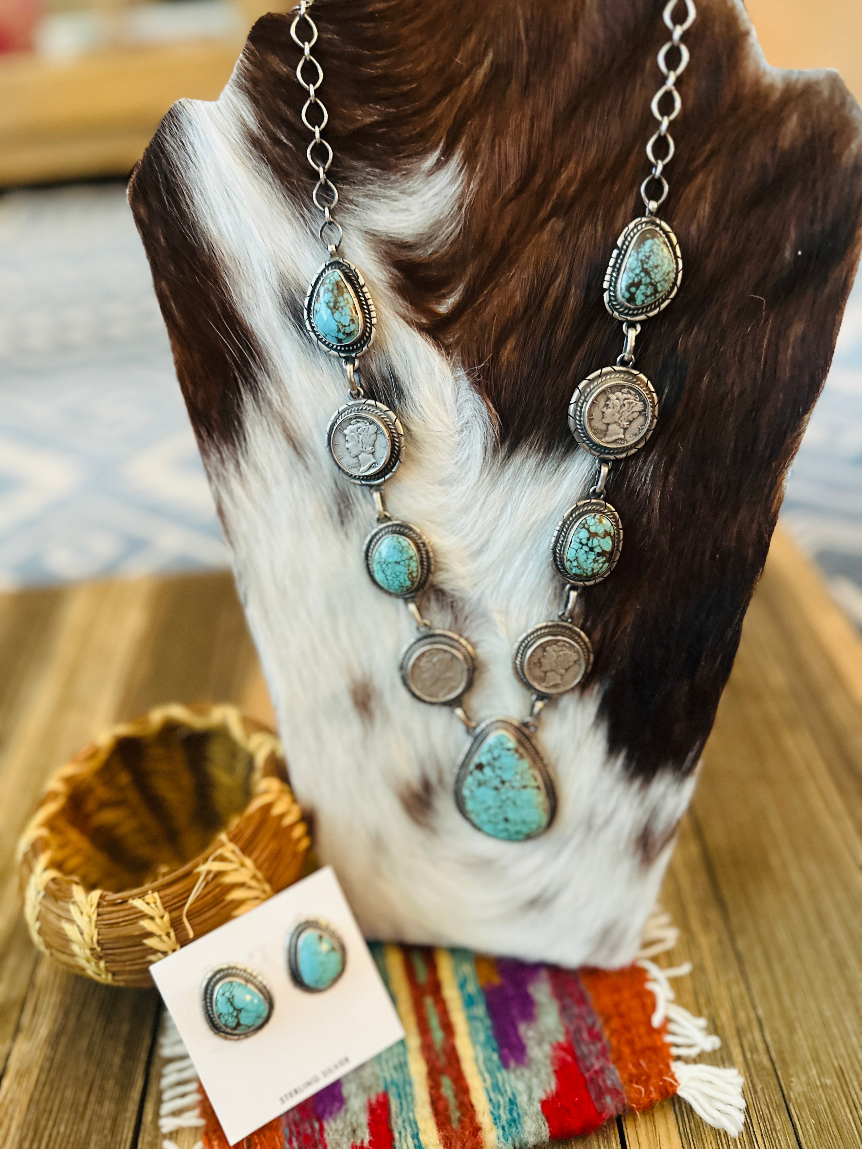 Handcrafted Turquoise & Sterling Silver Liberty Dime Beaded Necklace and Earrings Set