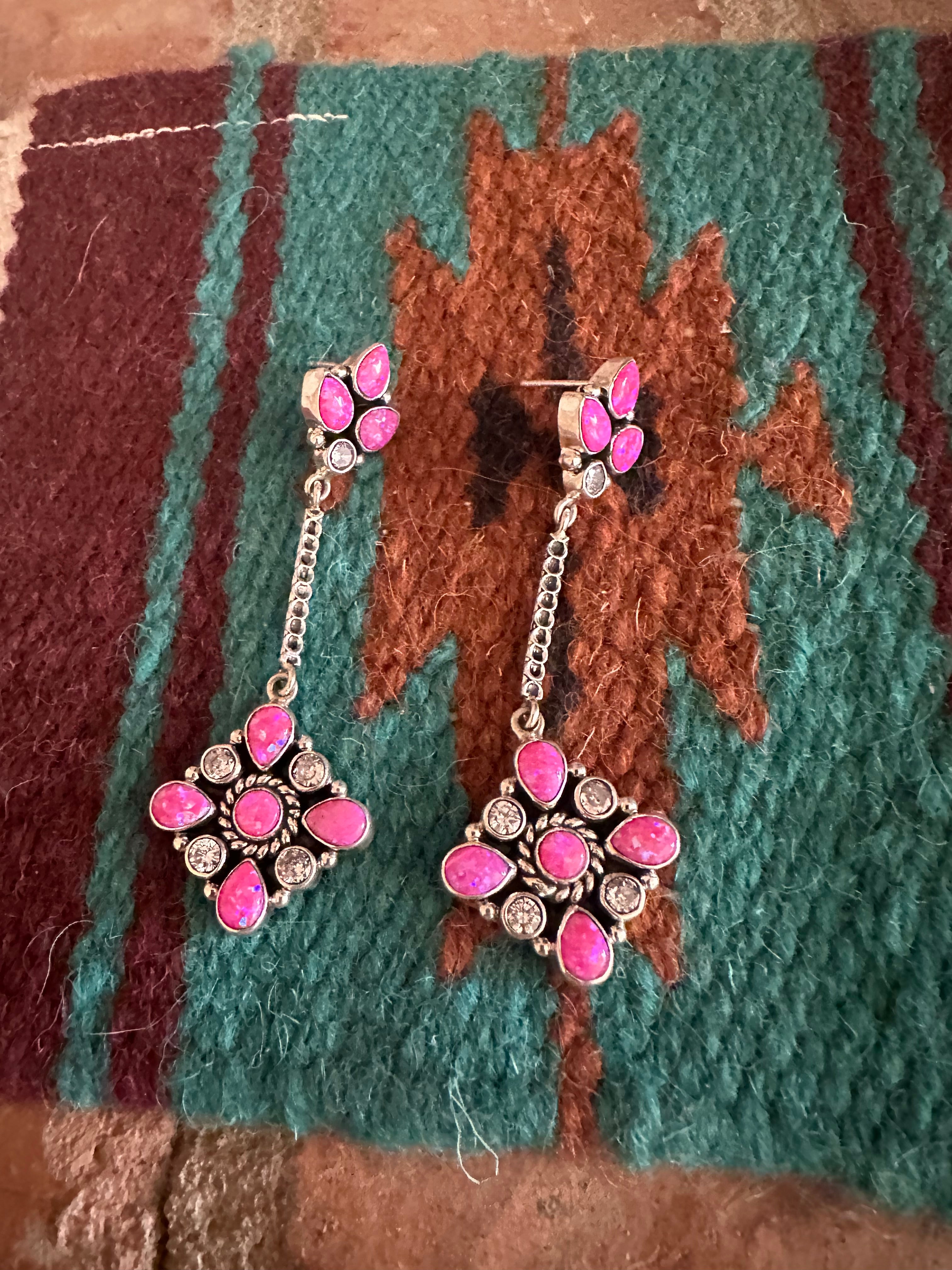 Santa Fe Handmade Hot Pink Fire Opal, CZ and Sterling Silver Dangles