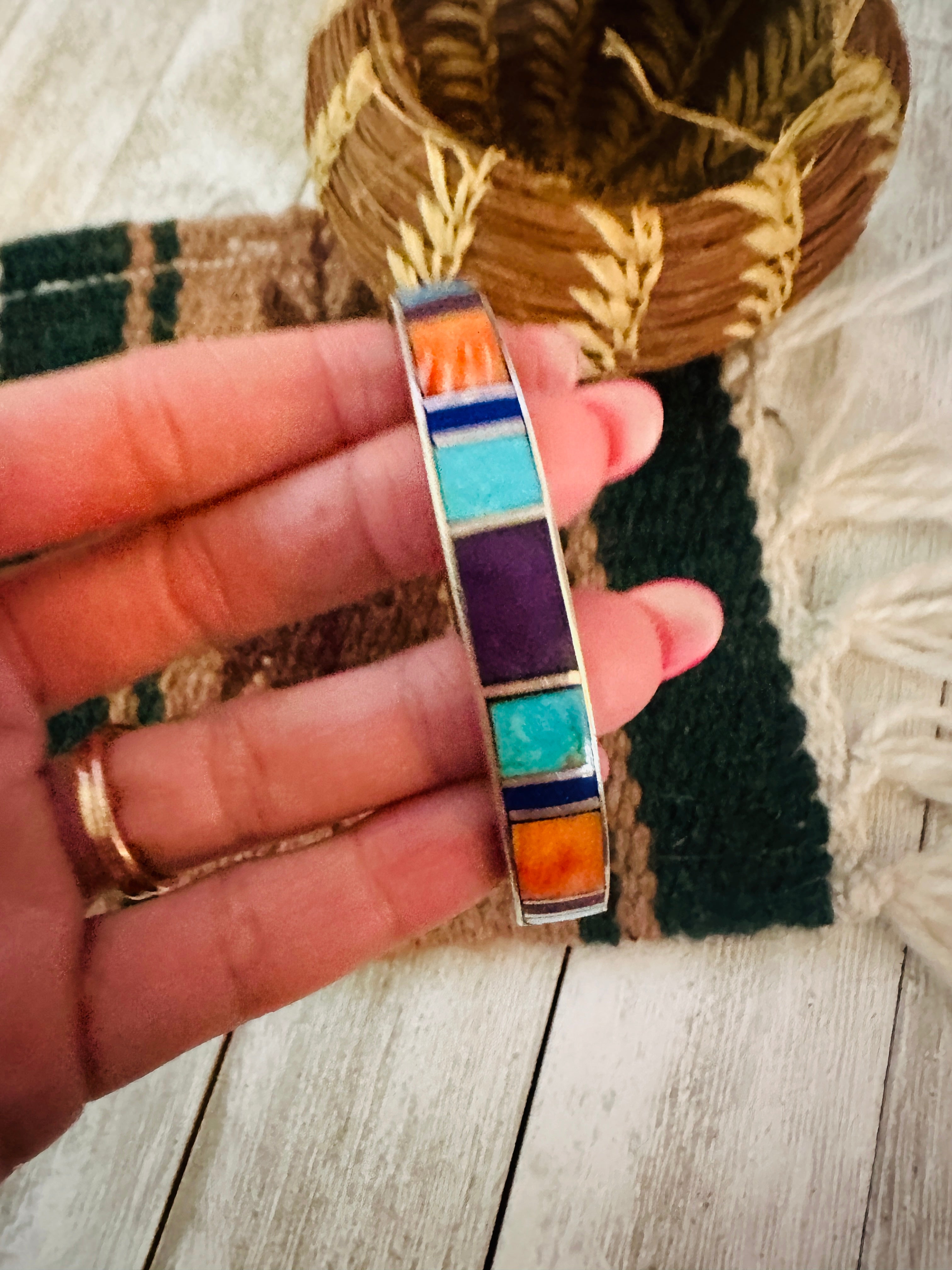 Handcrafted Old Pawn Multi Stone & Sterling Silver Inlay Cuff Bracelet