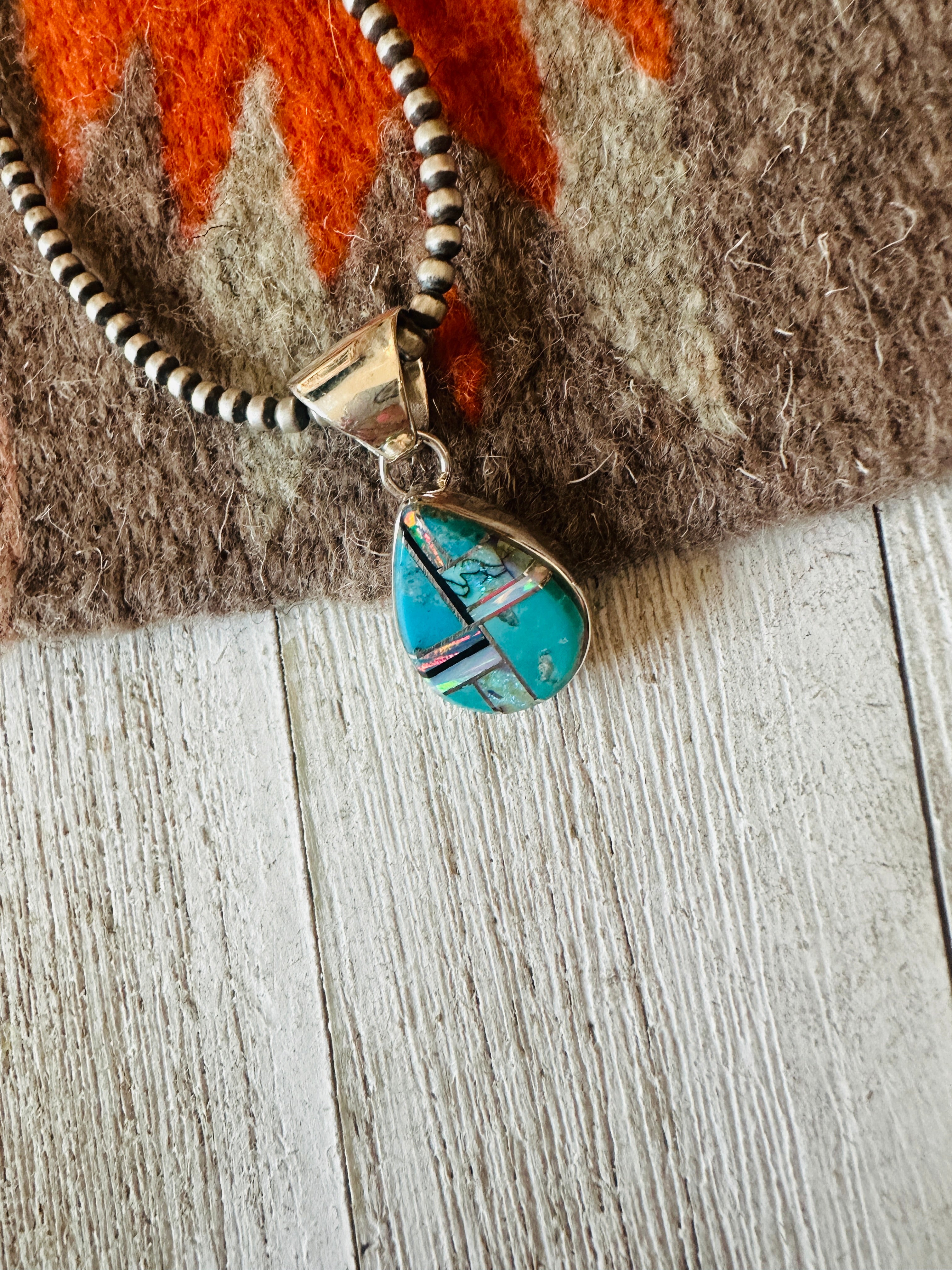 Navajo Multi Stone & Sterling Silver Inlay Teardrop Pendant