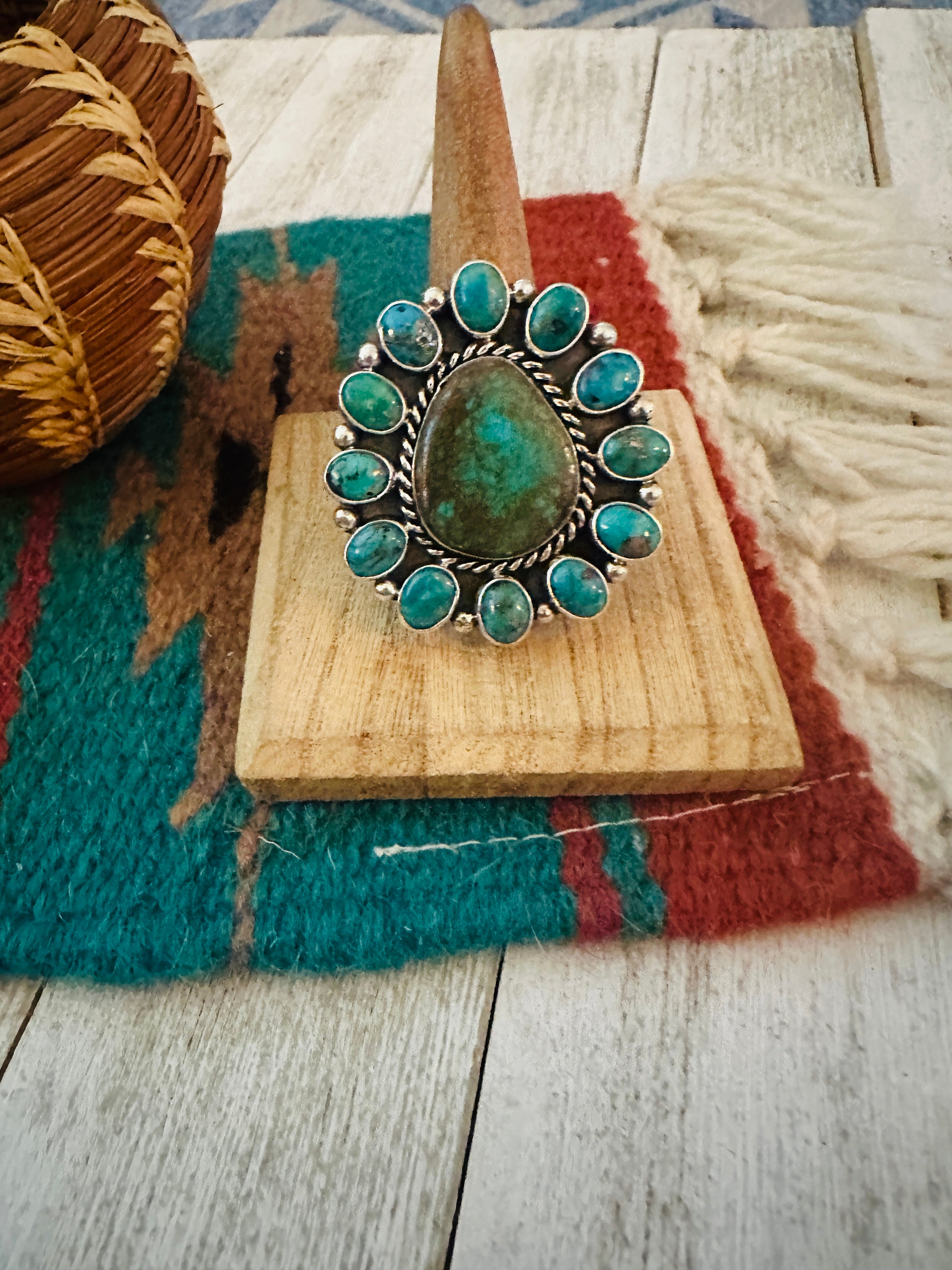 Navajo Sterling Silver & Turquoise Cluster Adjustable Ring