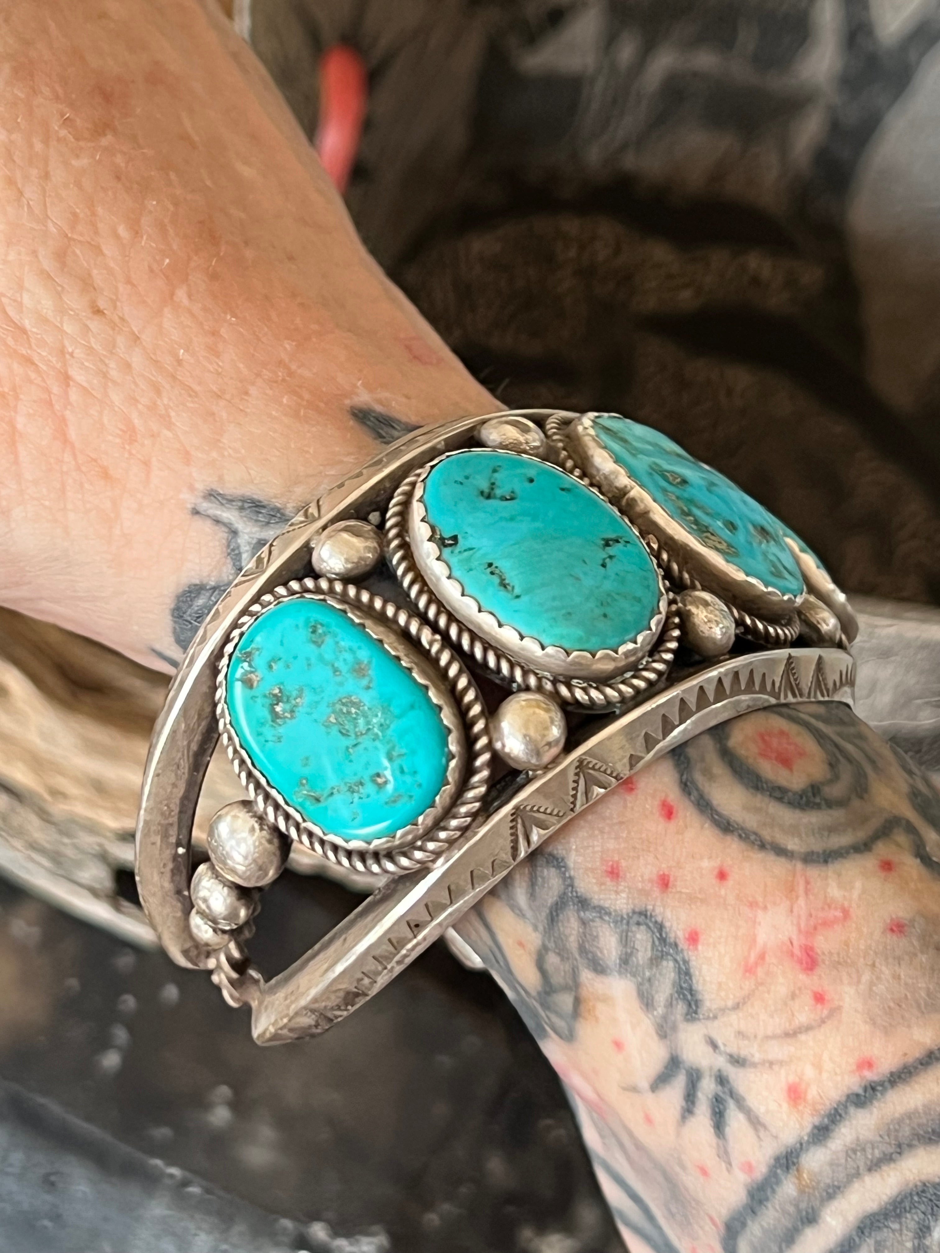 Handcrafted Old Pawn Sterling Silver and Natural Sleeping Beauty Turquoise Cuff Bracelet, Signed /