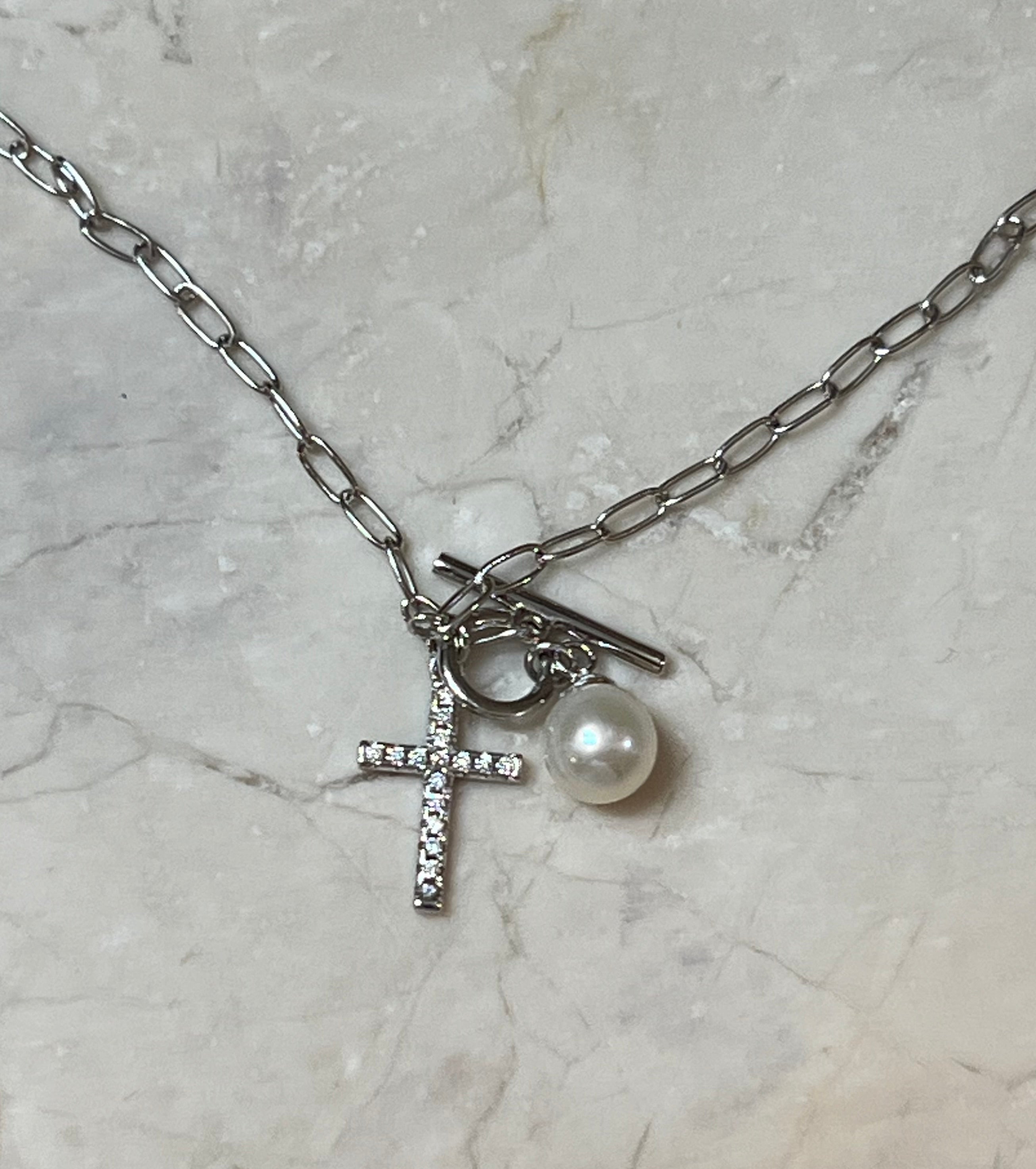 Sterling Silver Cross with White Pearl Necklace 18”