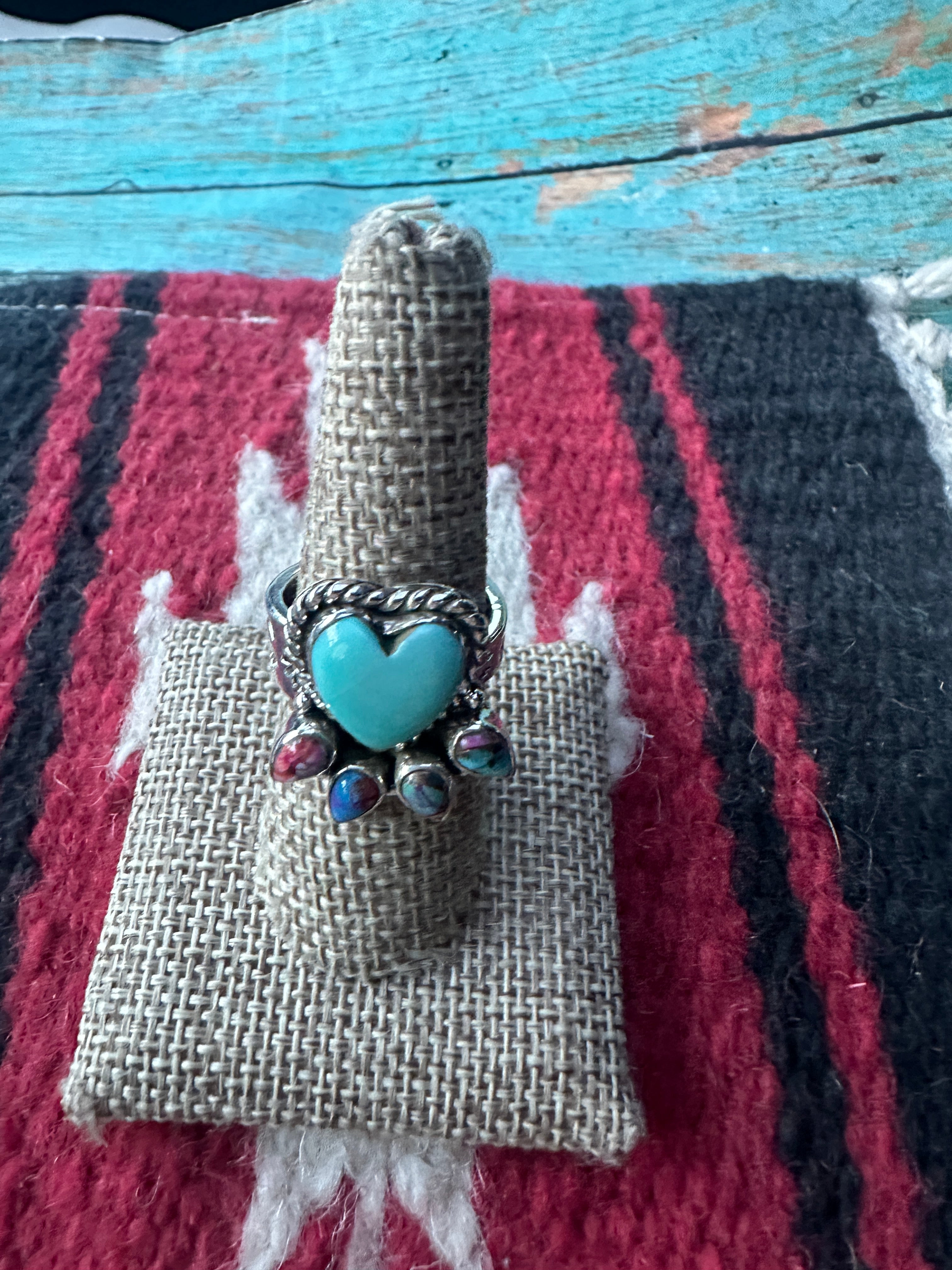 Beautiful Handmade Turquoise, Pink Dream Mojave And Sterling Silver Adjustable Heart Ring