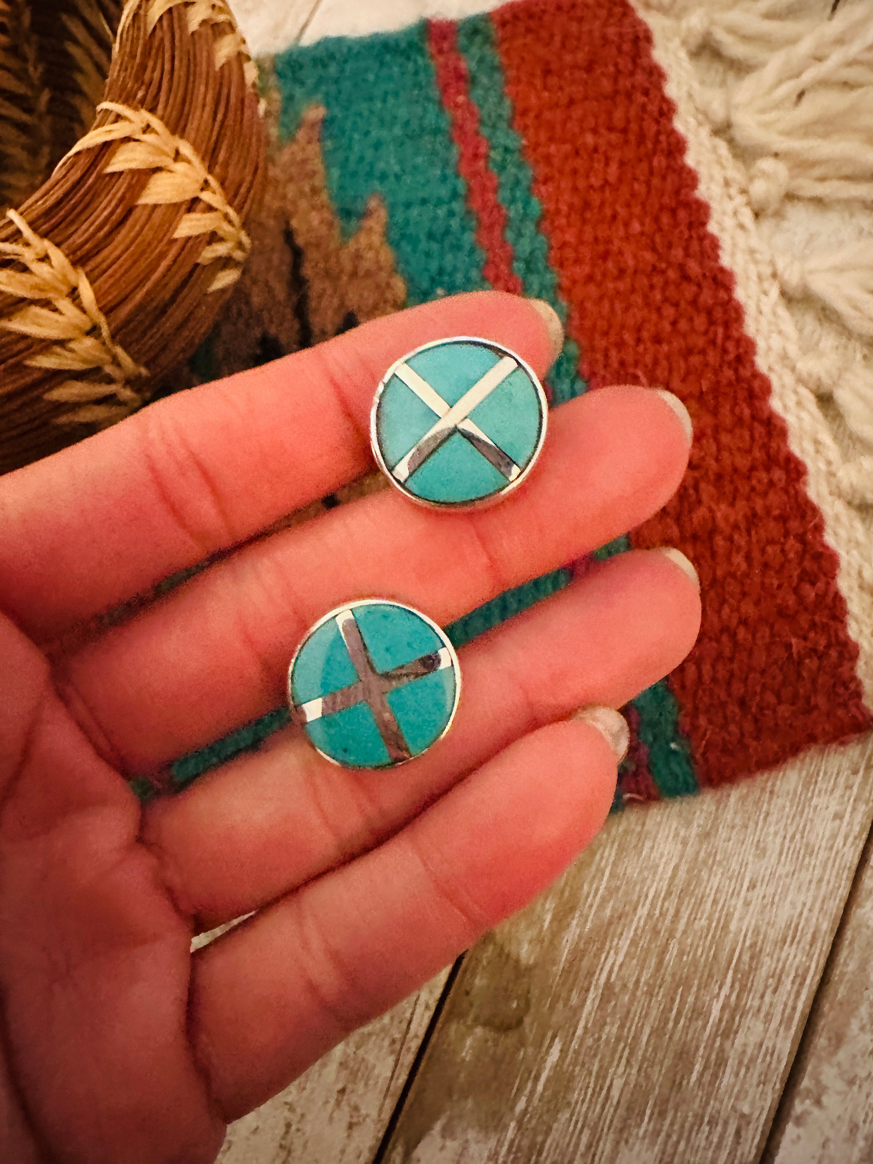 Navajo Sterling Silver & Turquoise Inlay Cuff Links