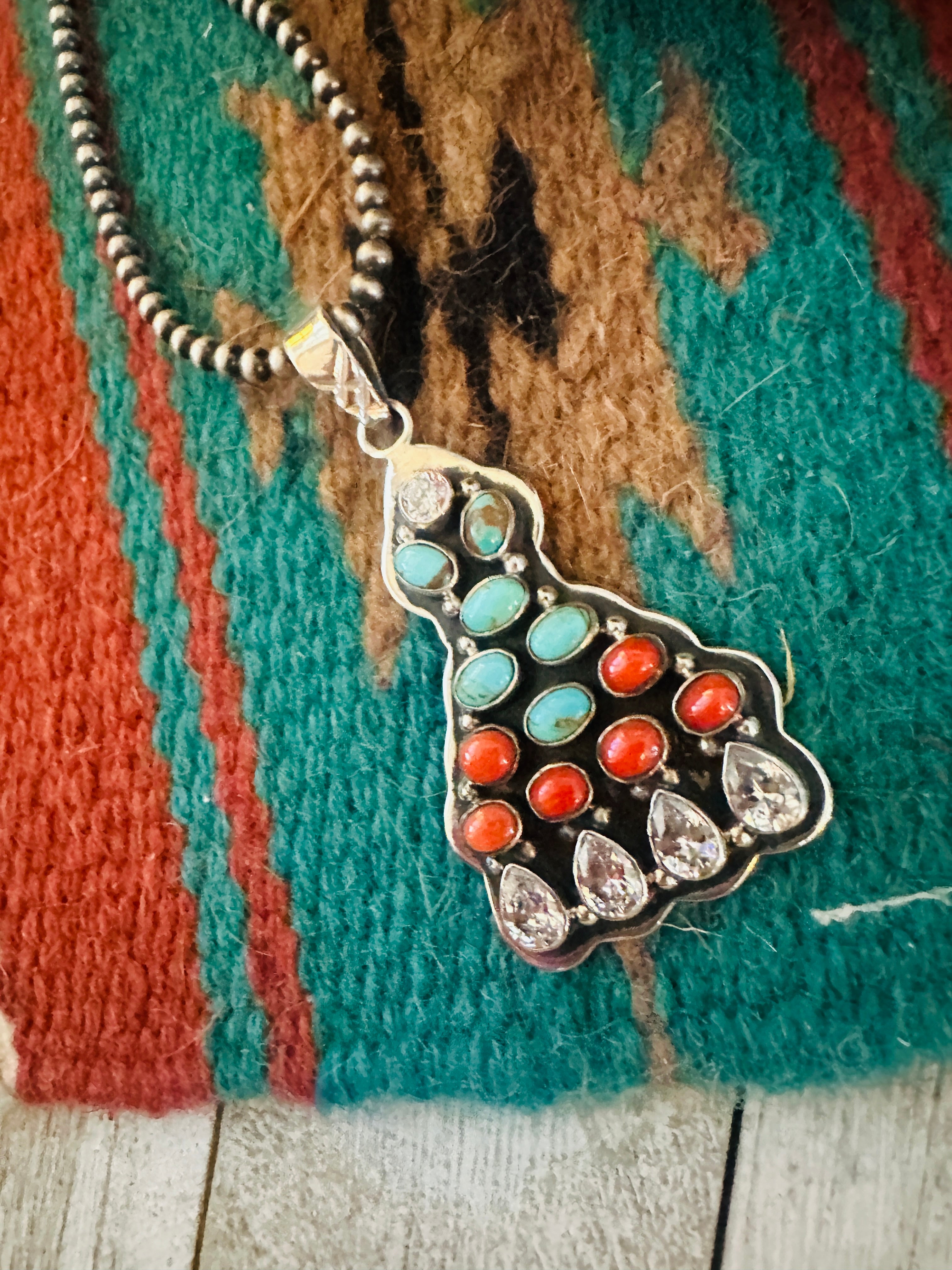 ** Christmas Collection ** Handmade Sterling Silver, Coral, Turquoise & CZ Pendant Signed Nizhoni