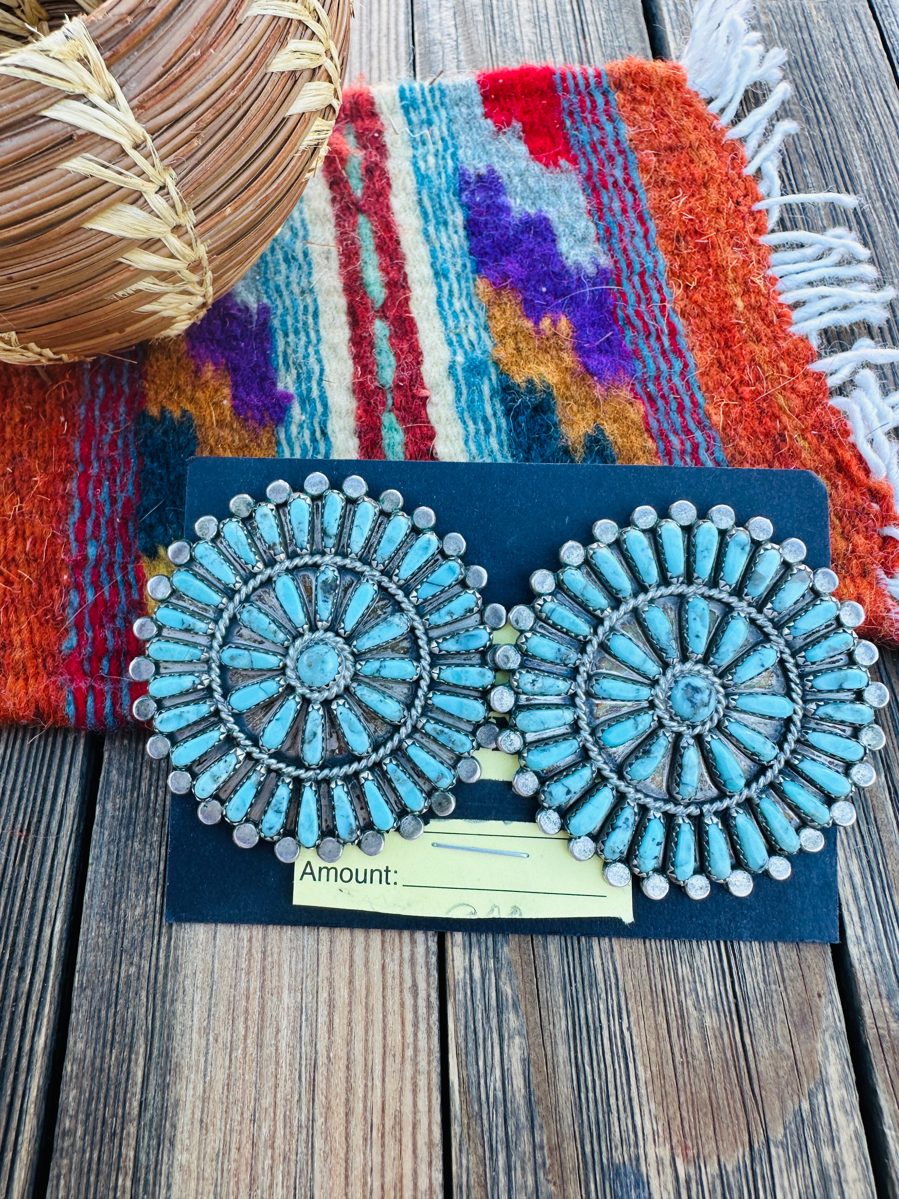 Handcrafted Old Pawn Sterling Silver & Turquoise Cluster Post Earrings