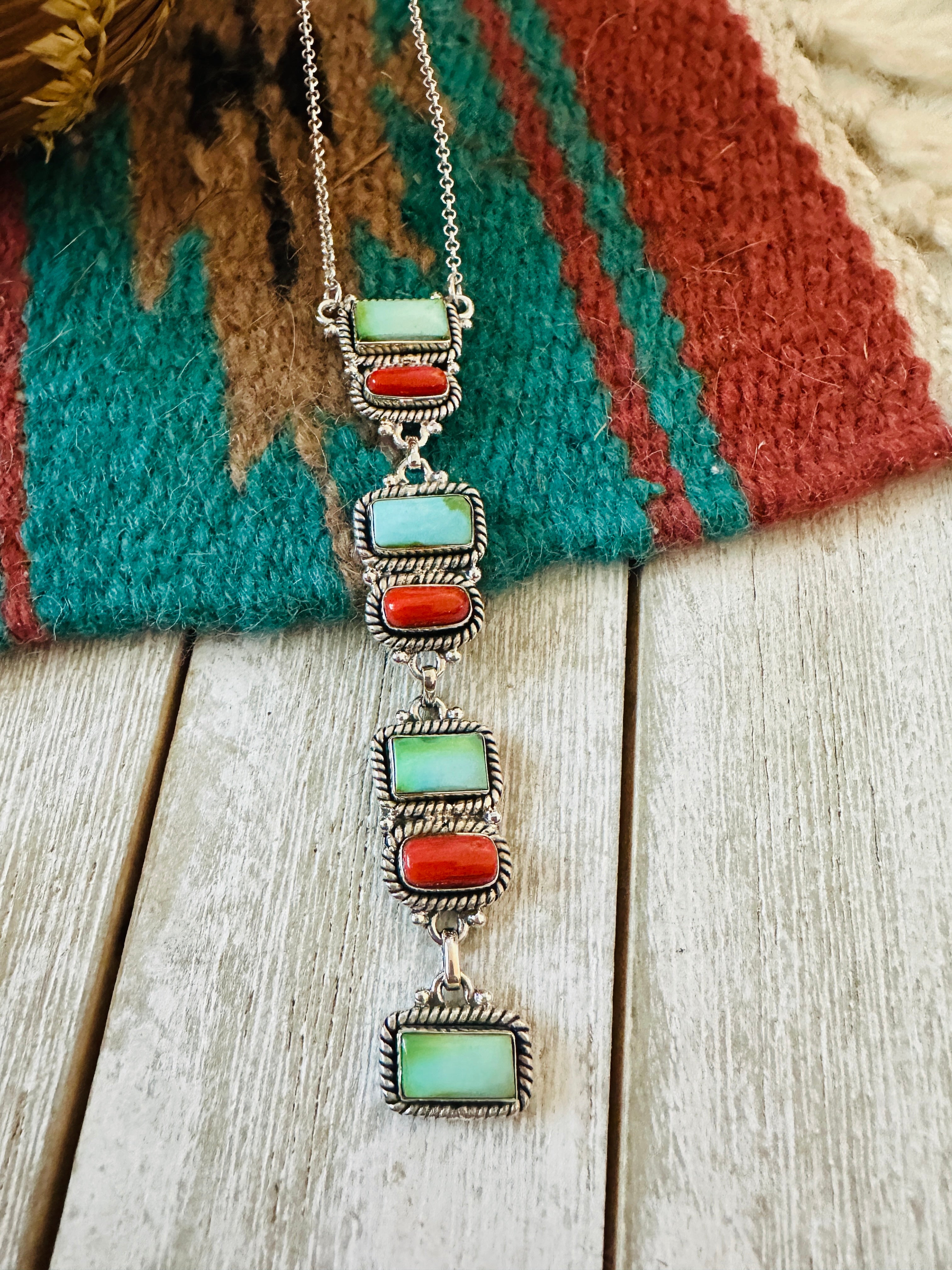 ** Christmas Collection ** Handmade Sterling Silver, Turquoise & Coral Necklace Signed Nizhoni