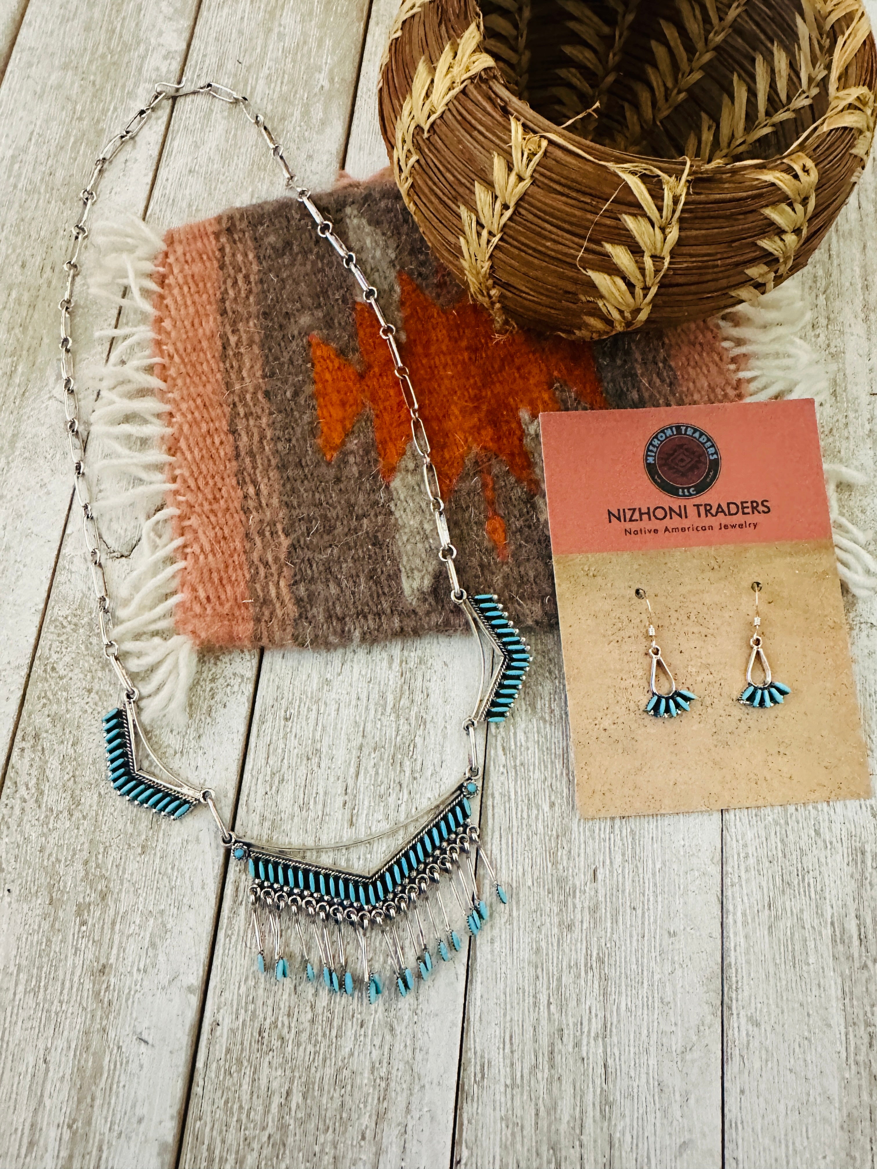 Handcrafted Sterling Silver & Turquoise Needlepoint Necklace Set