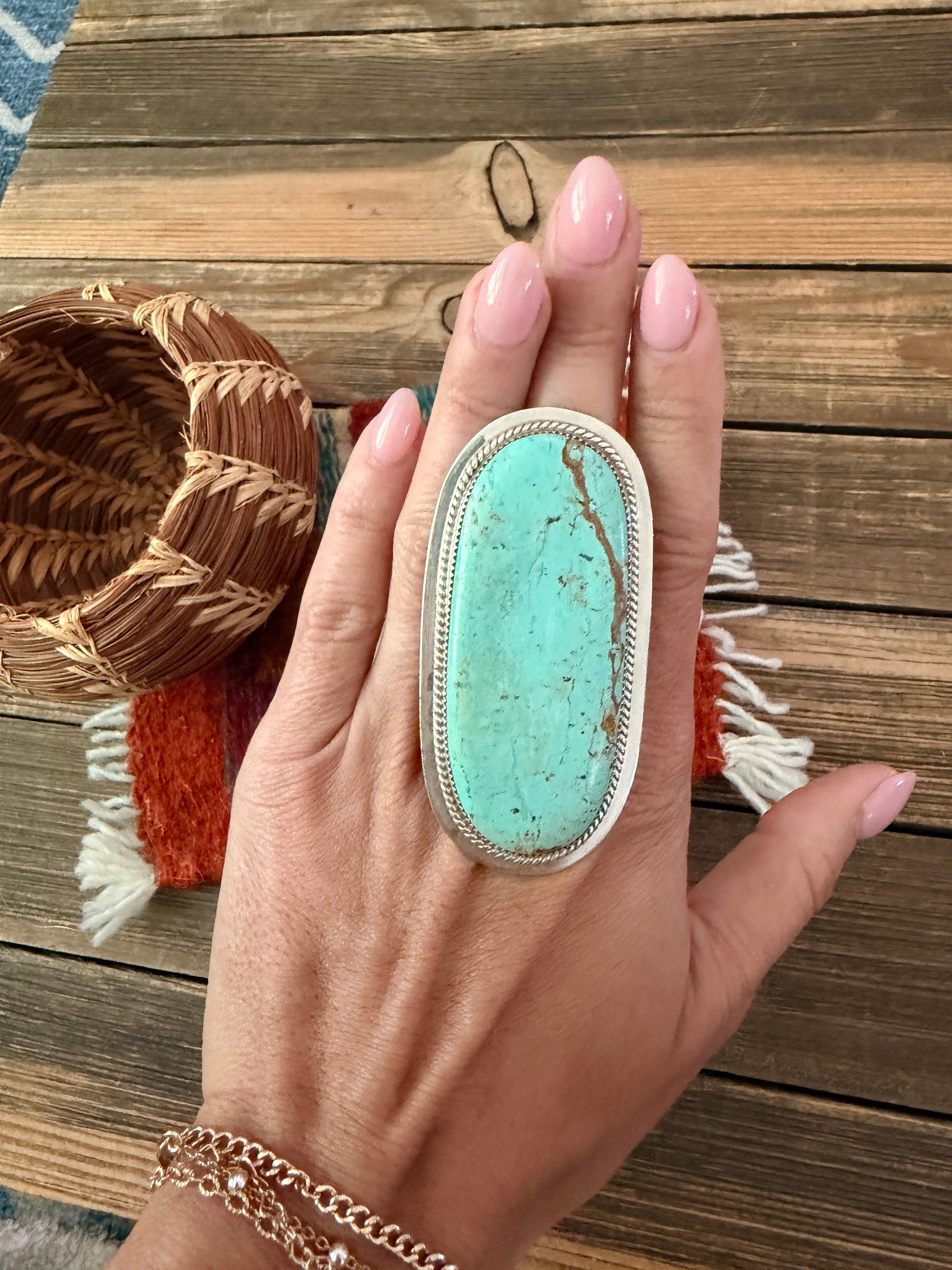 Old Pawn Handcrafted Turquoise & Sterling Silver Ring Size 9.5 by Earl Lee