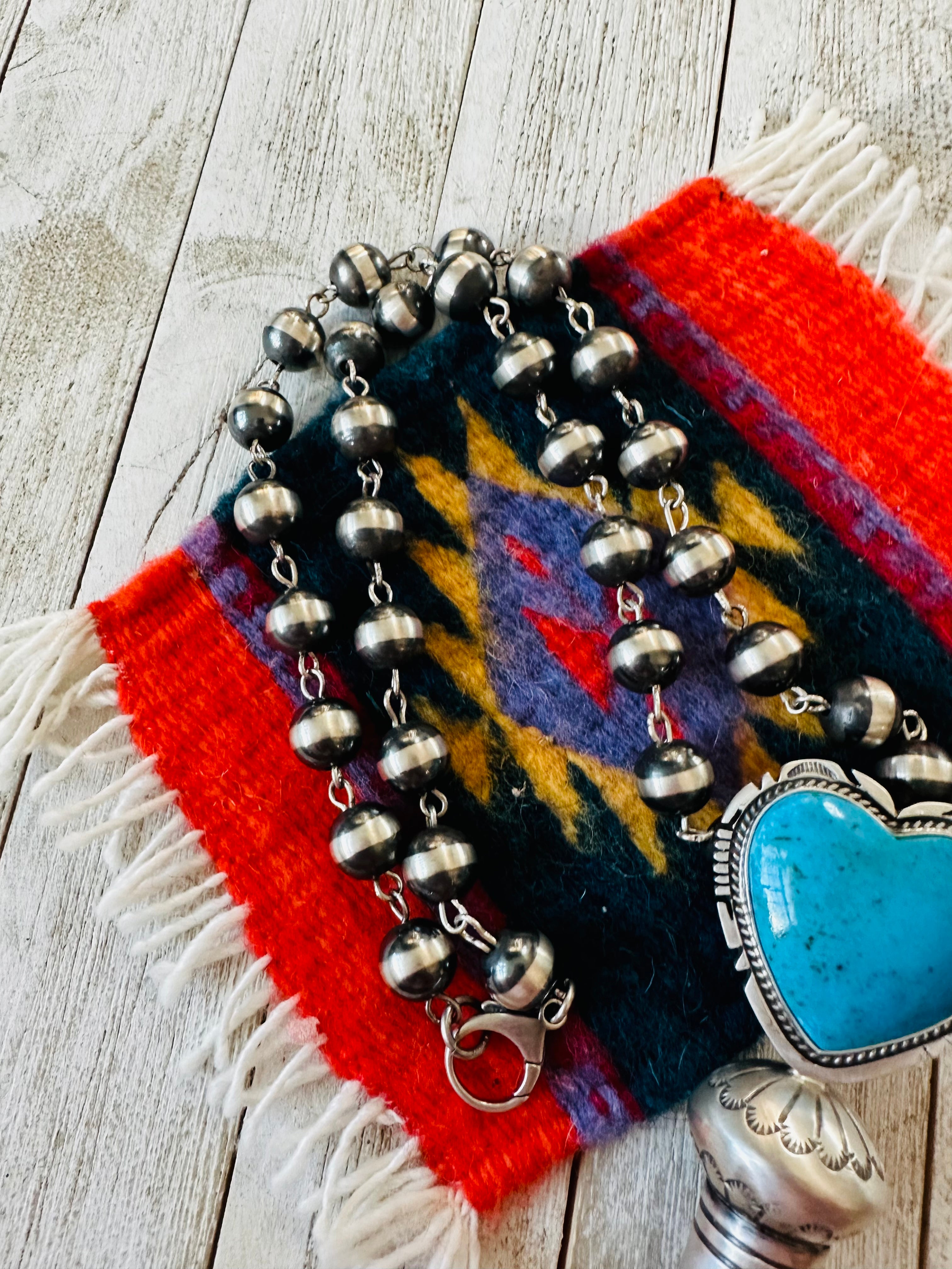 Navajo Sterling Silver & Turquoise Heart Blossom Beaded Necklace