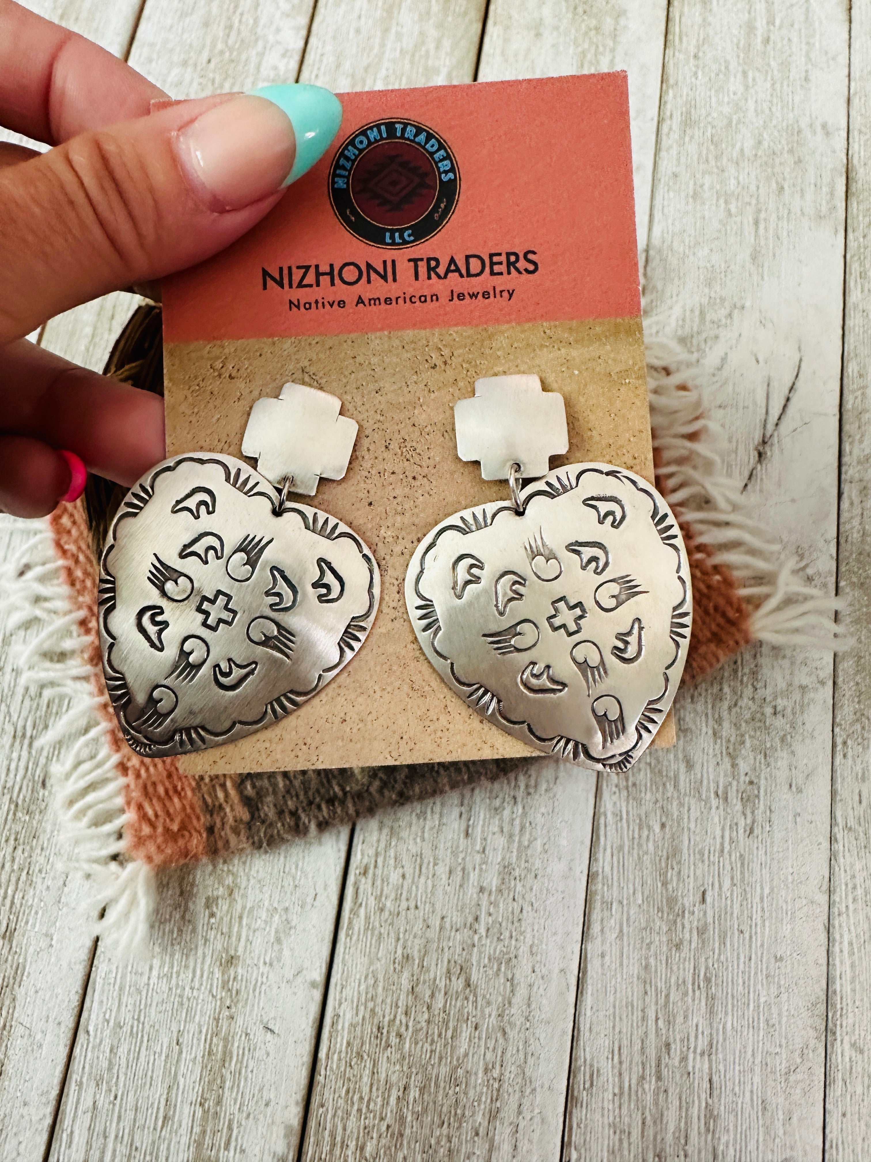 Handcrafted and Hand Stamped Sterling Silver Concho Heart Dangle Earrings