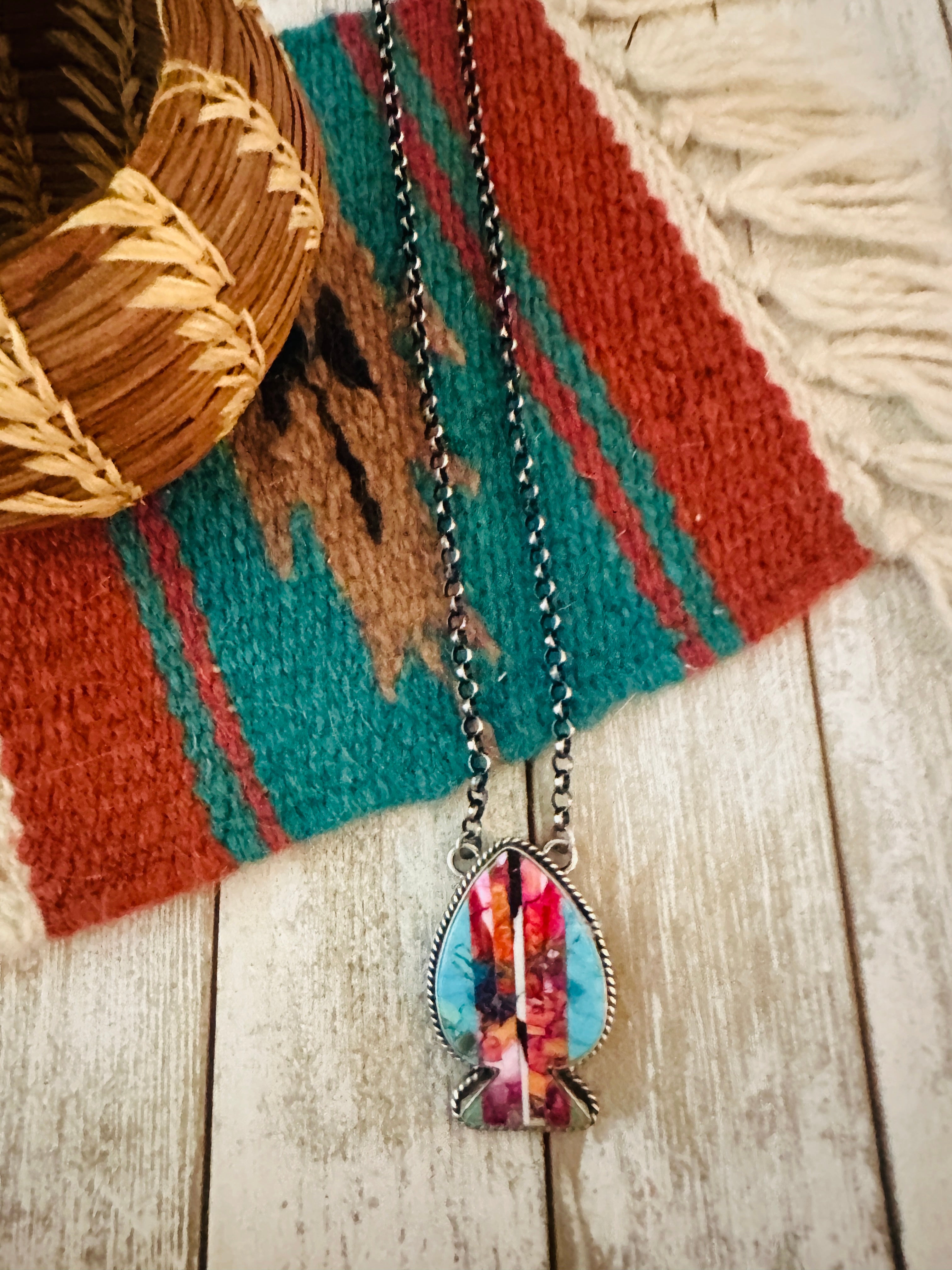 Navajo Sterling Silver & Multi Stone Inlay Spade Necklace