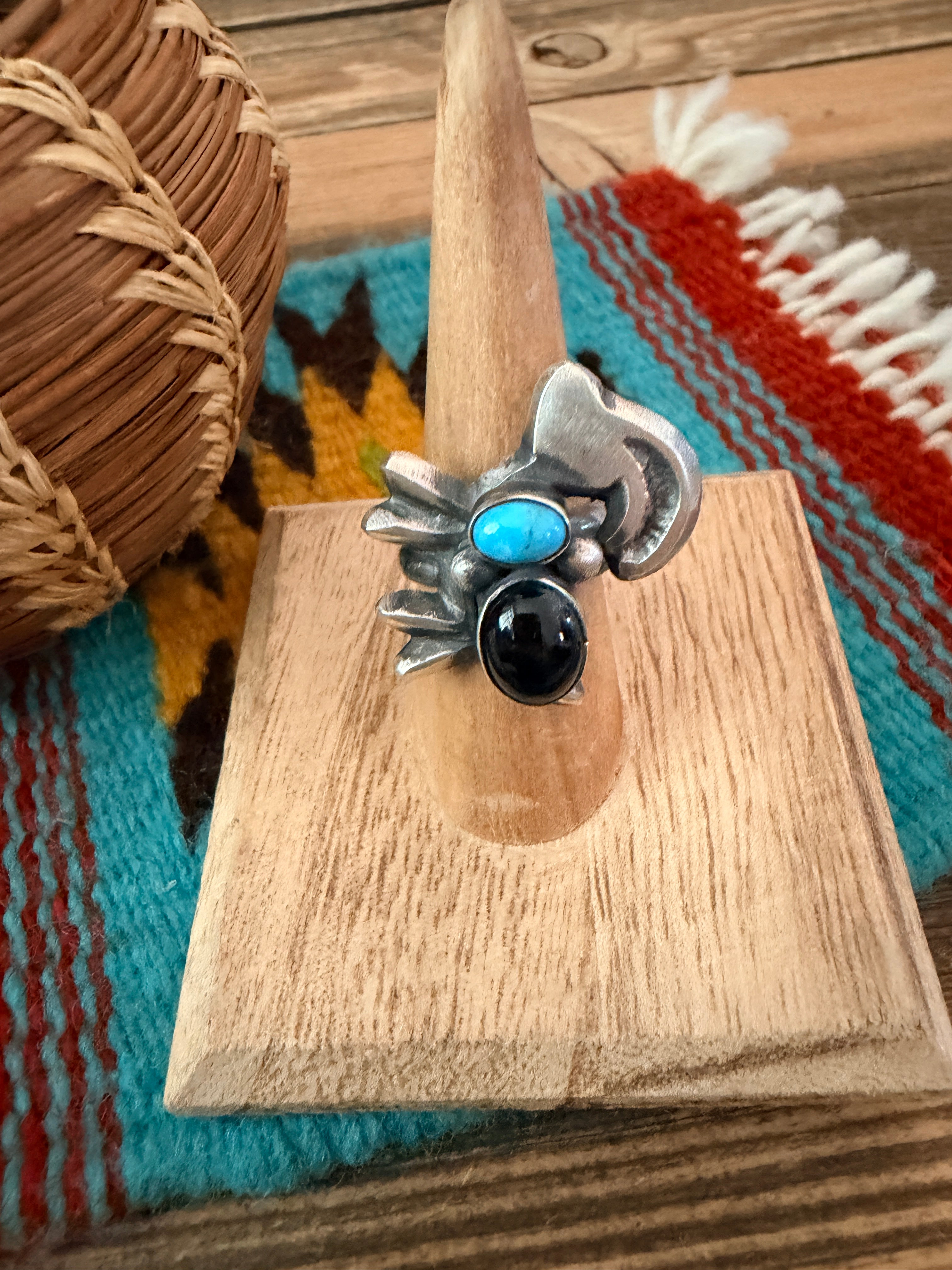 Handcrafted Onyx, Turquoise and Sterling Silver Goat Ring size 7 by Chimney Butte
