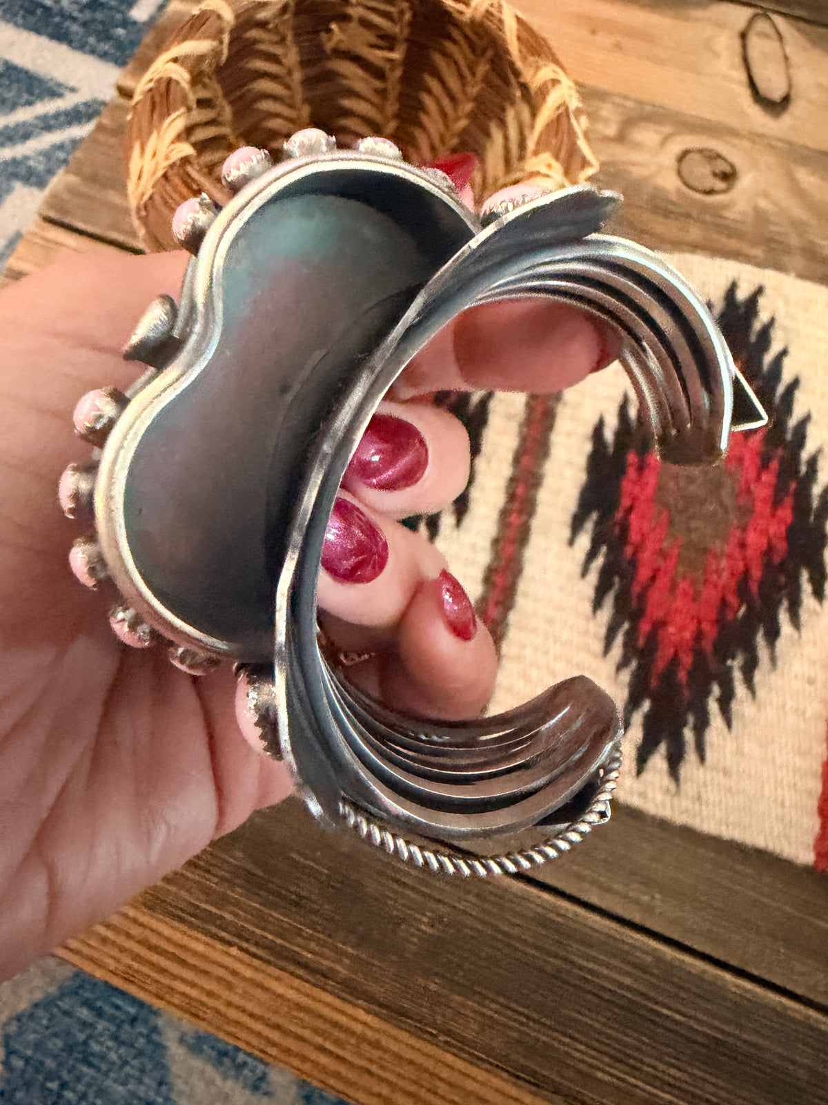 Handcrafted Queen Pink Conch & Sterling Silver Saddle Cuff Bracelet by Tim Yazzie
