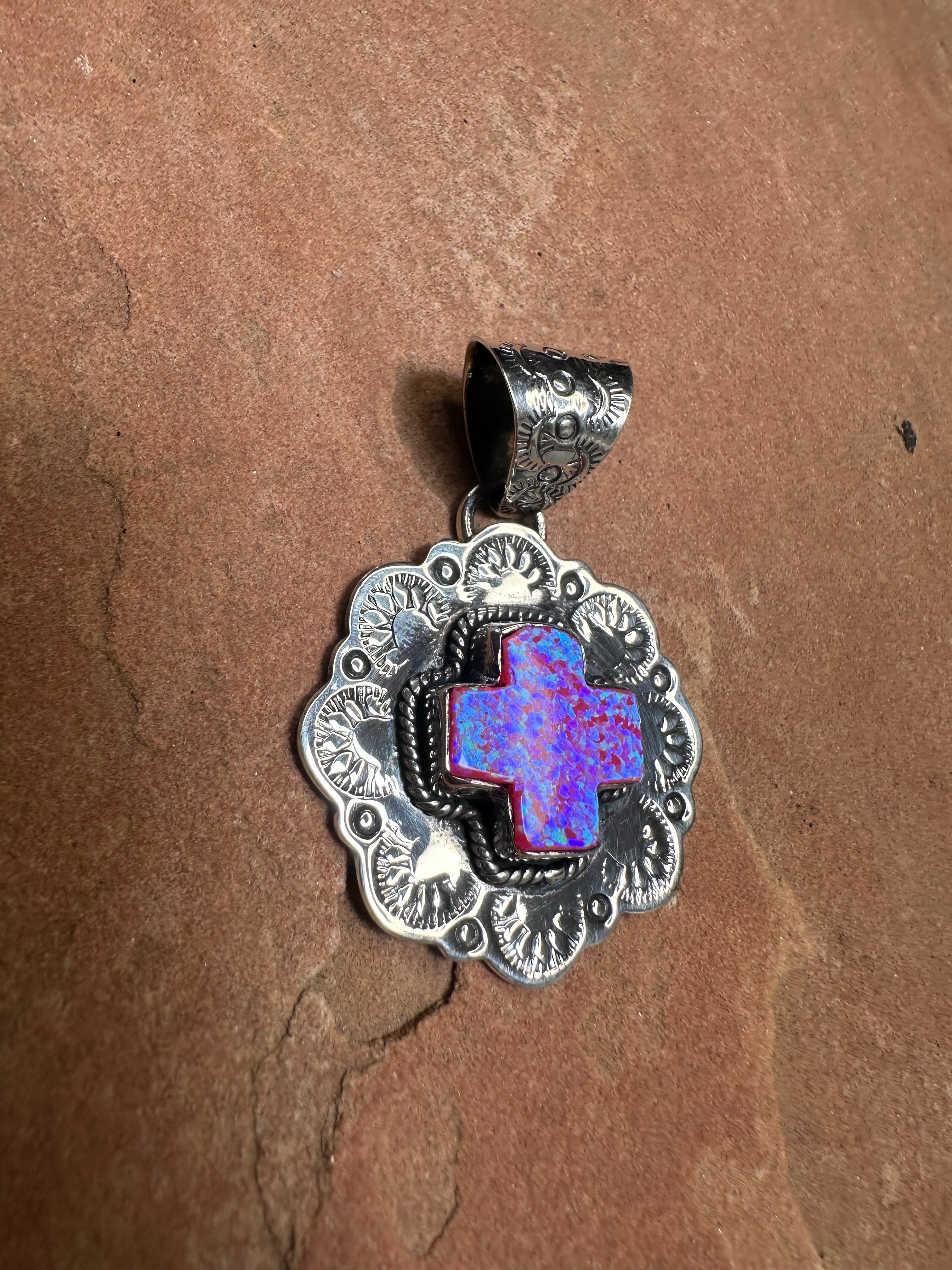 Handmade Hot Pink Fire Opal & Sterling Silver Cross Concho Pendant