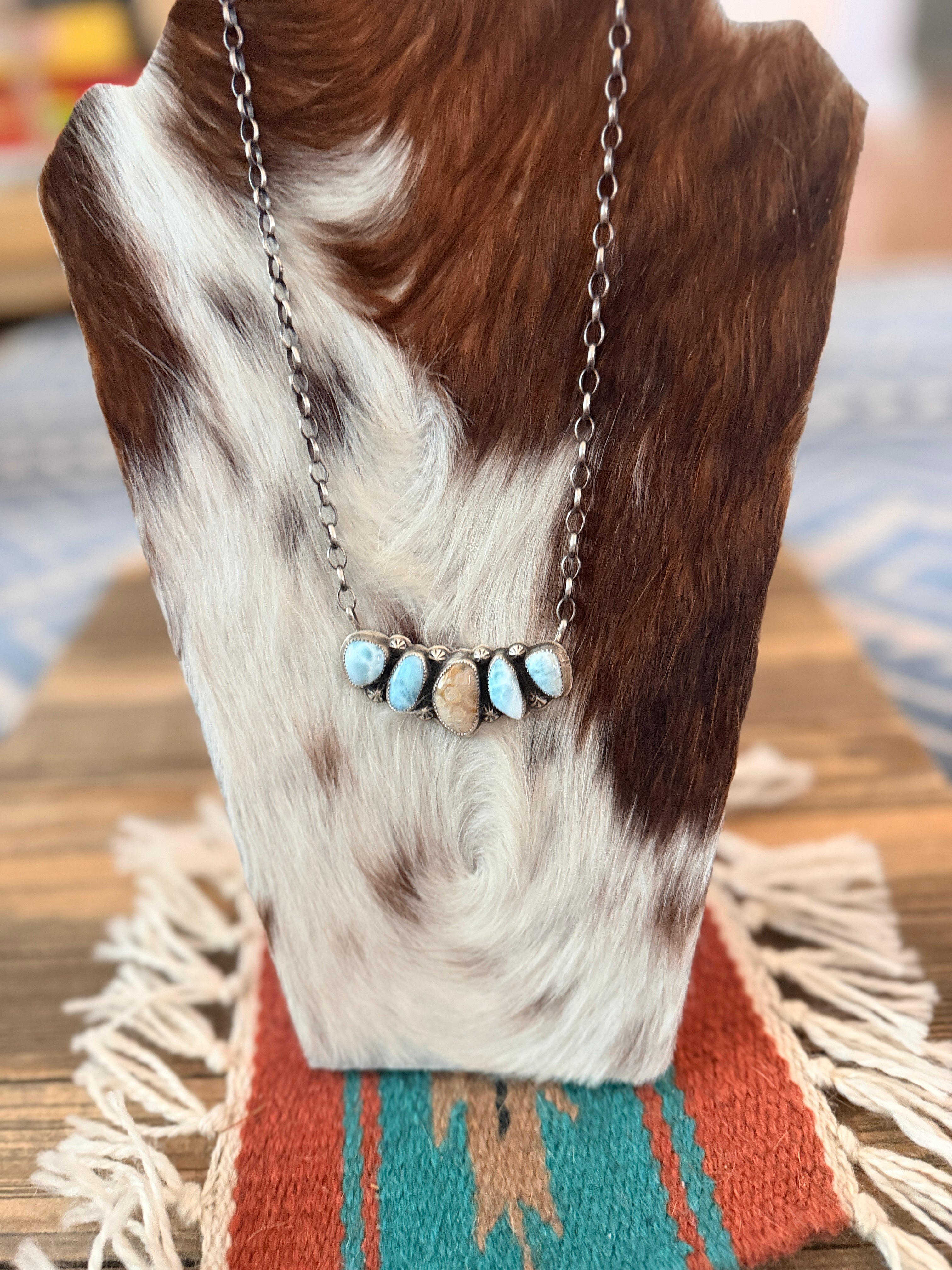Handmade Sterling Silver, Larimar & Fossilized Coral Necklace Necklace