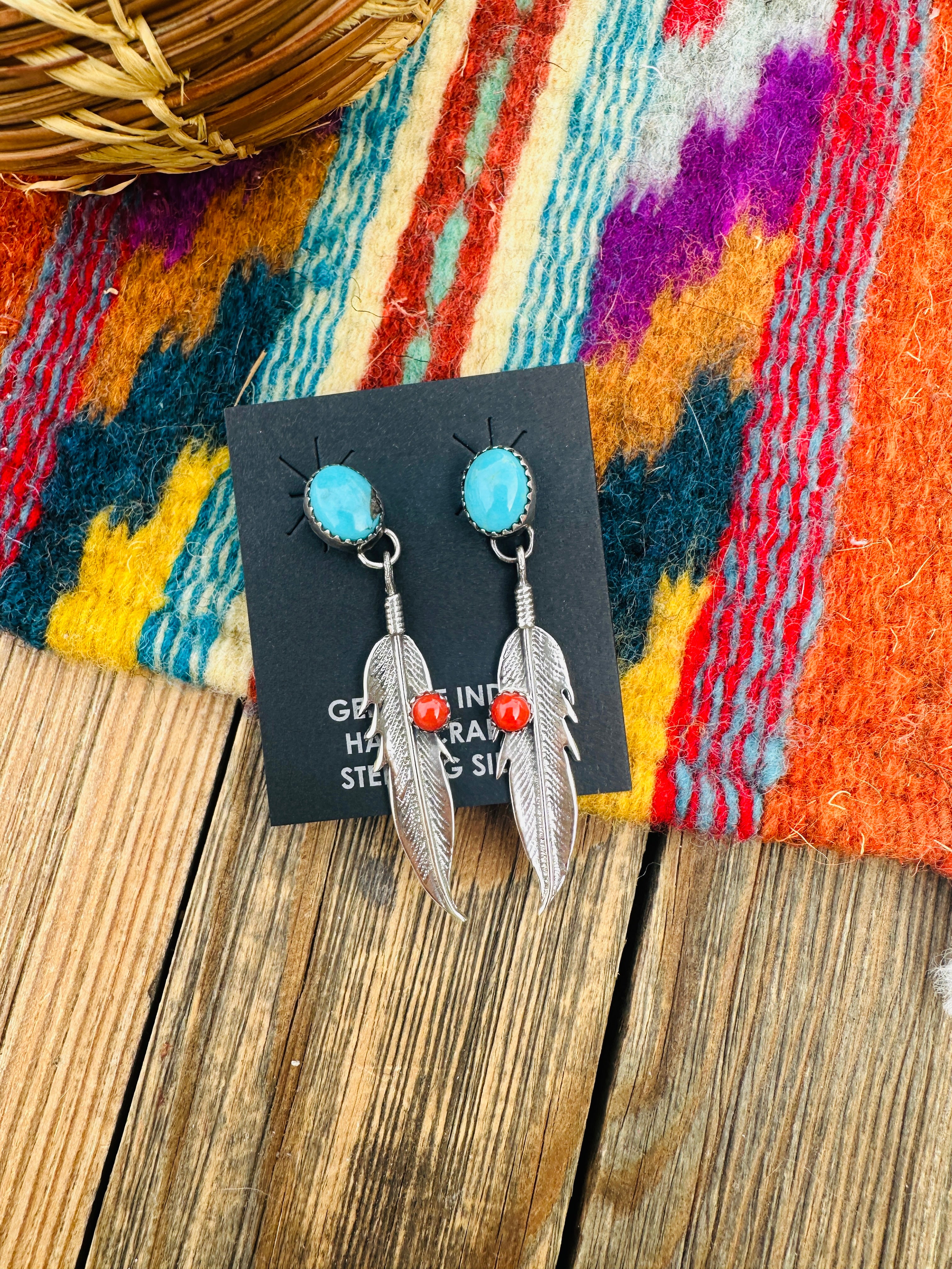 Handcrafted Turquoise, Coral & Sterling Silver Feather Dangle Earrings