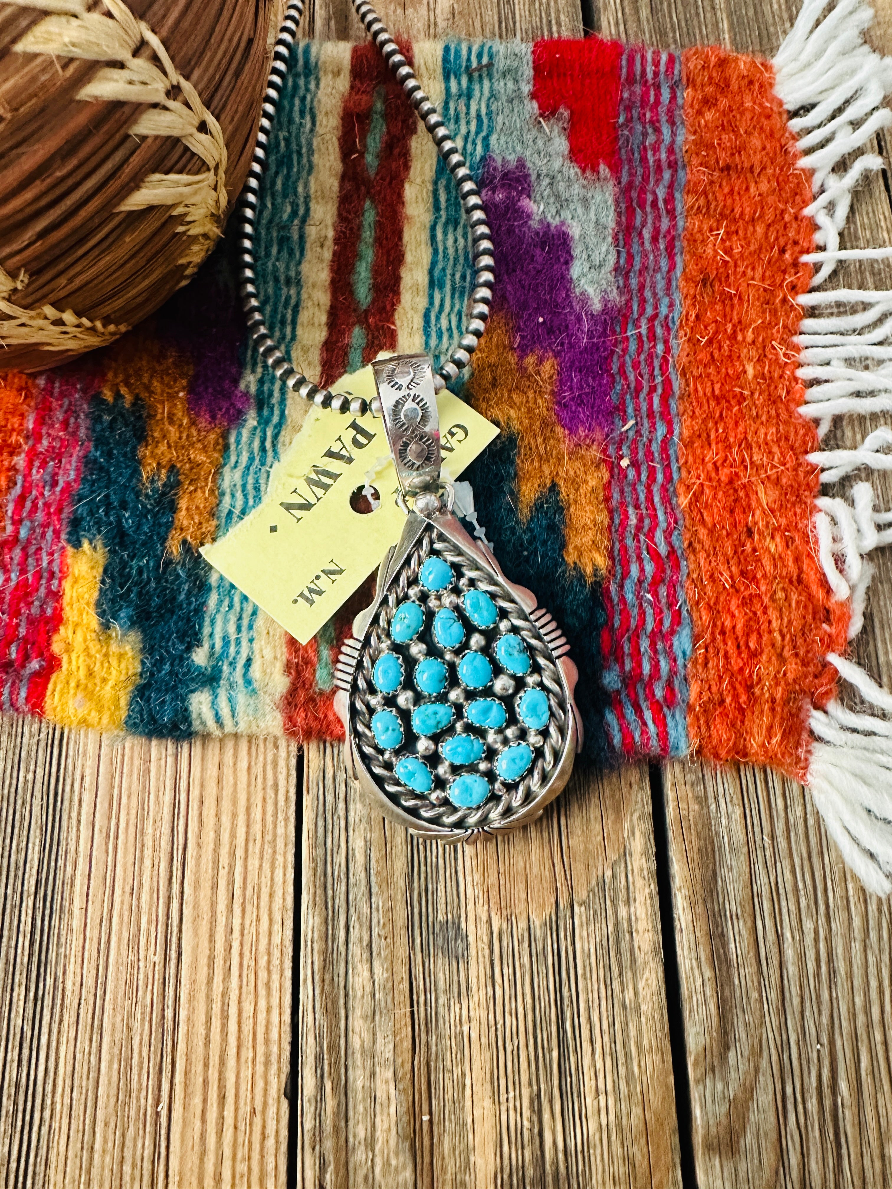 Old Pawn Handcrafted Turquoise and Sterling Silver Cluster Pendant