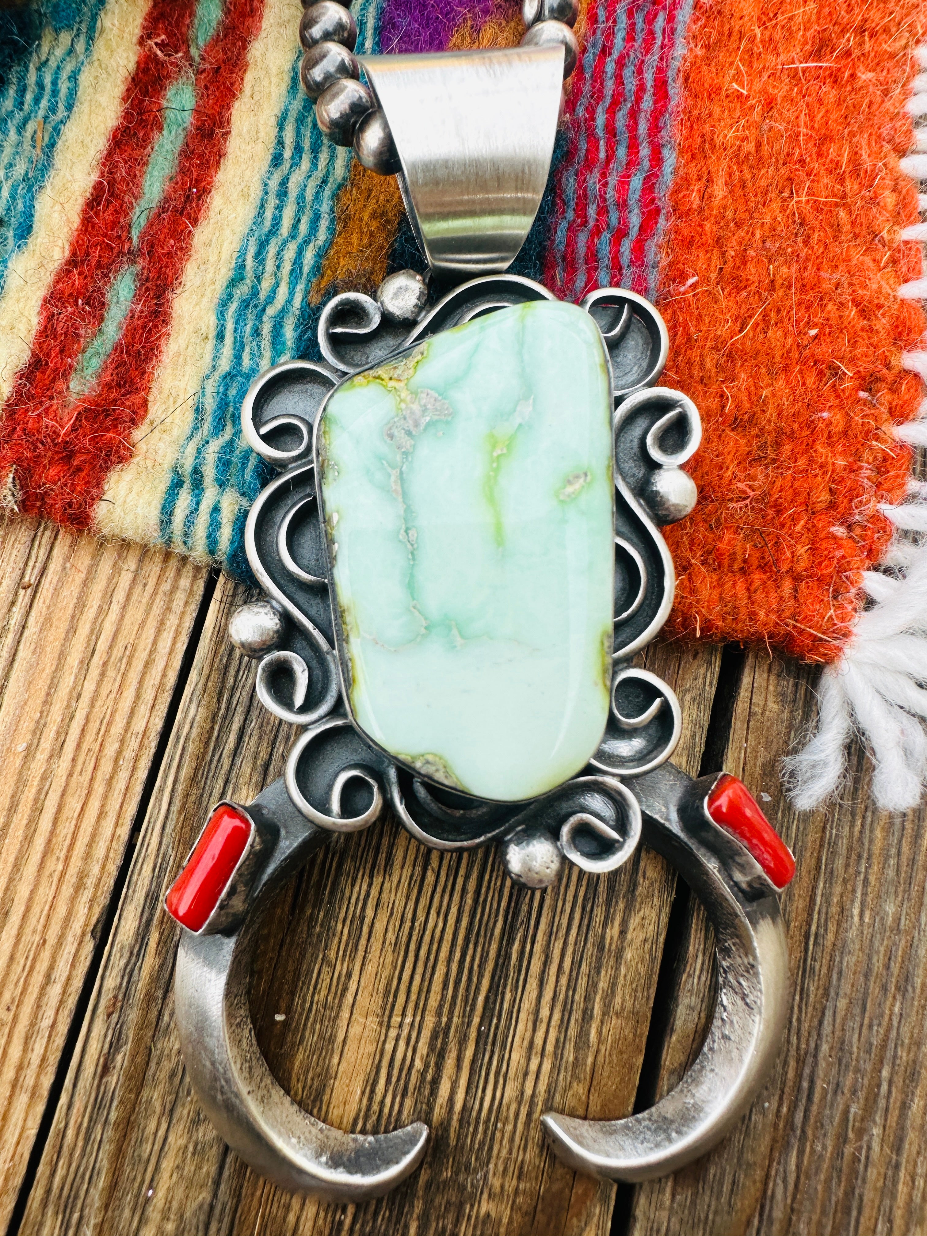 Handcrafted Sterling Silver, Turquoise & Coral Naja Pendant by Chimney Butte