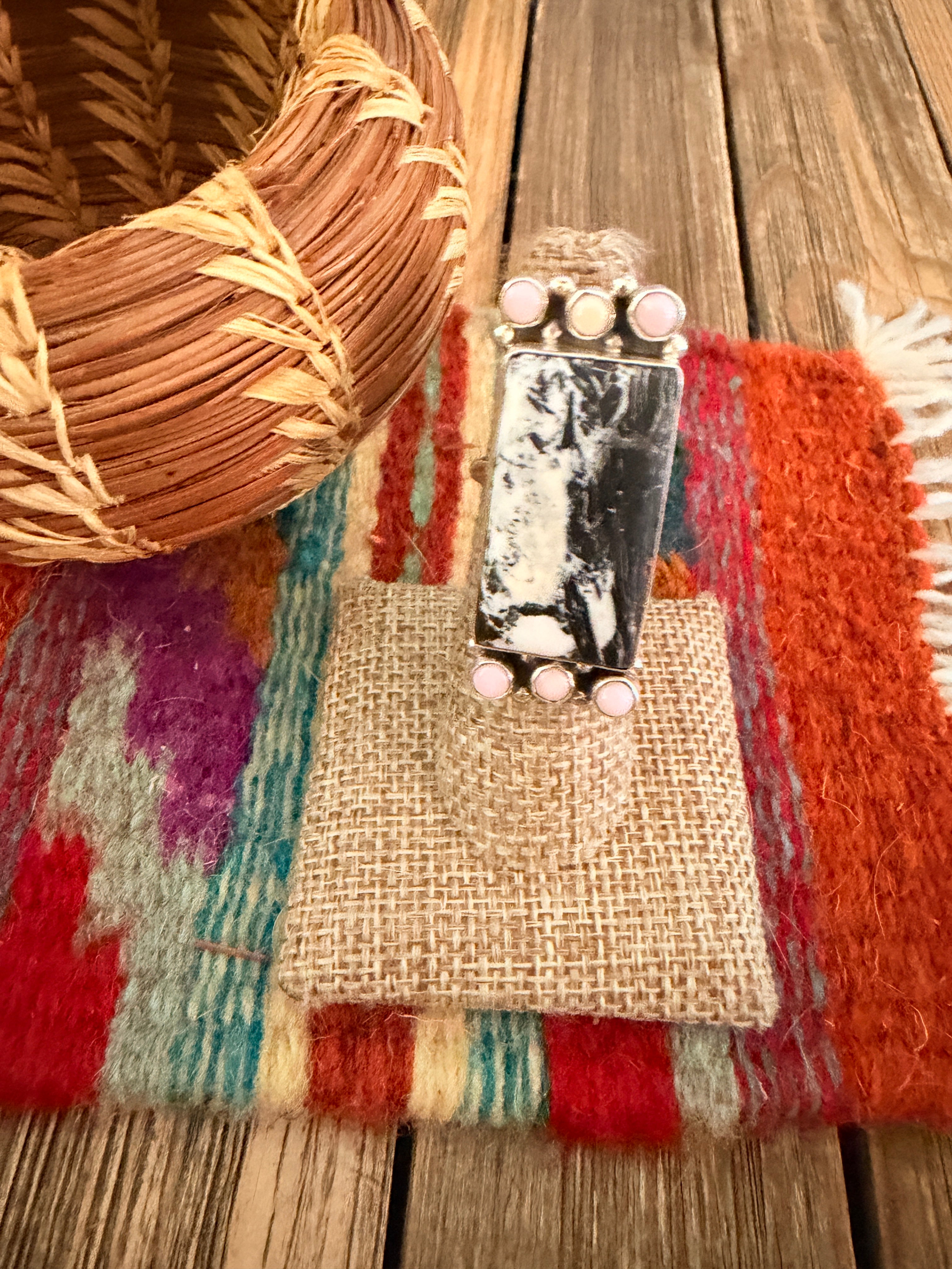 Handcrafted White Buffalo & Queen Pink Conch & Sterling Silver Adjustable Ring