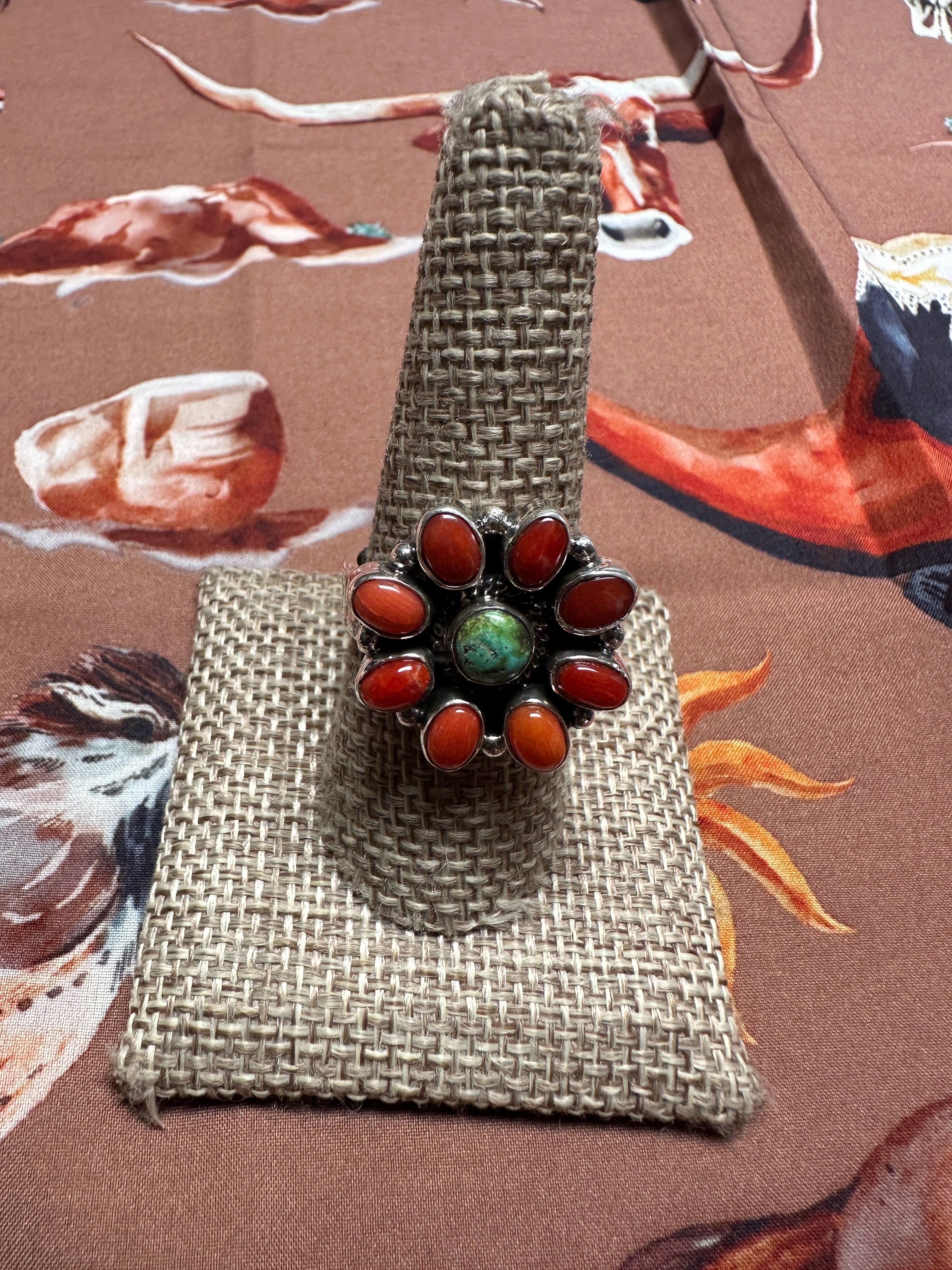 Beautiful Handmade Coral, Sonoran Turquoise And Sterling Silver Adjustable Ring STYLE 8