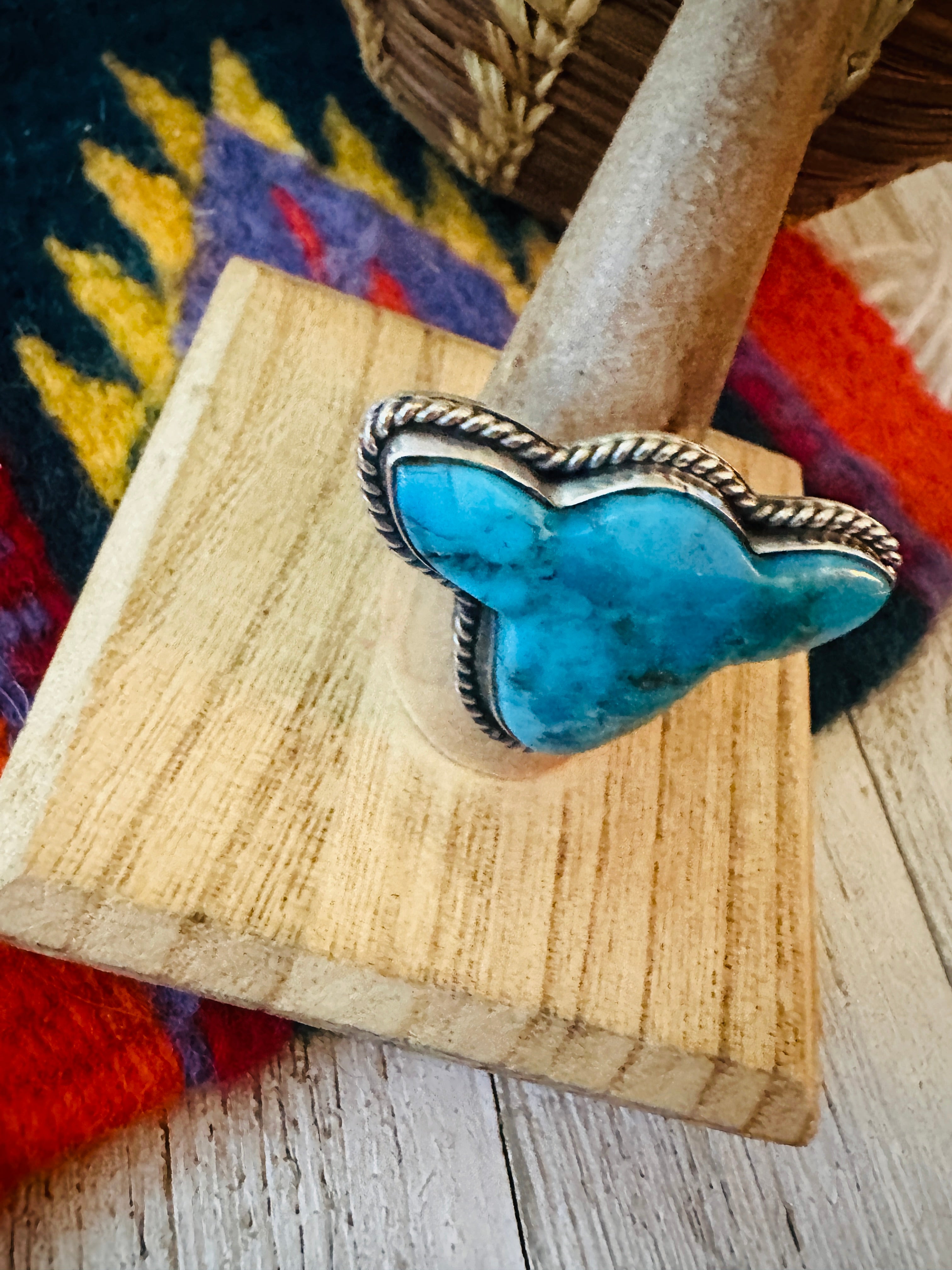 Navajo Royston Turquoise & Sterling Silver Bullhead Adjustable Ring